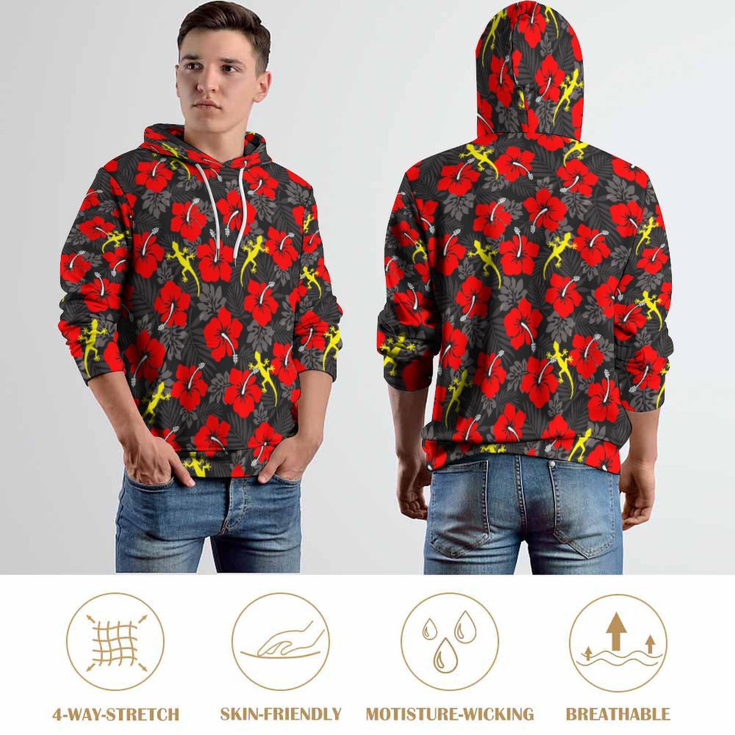 Royal Red Hibiscus flowers with Gecko on Men's Cool Hoodie with Double-layer Cap