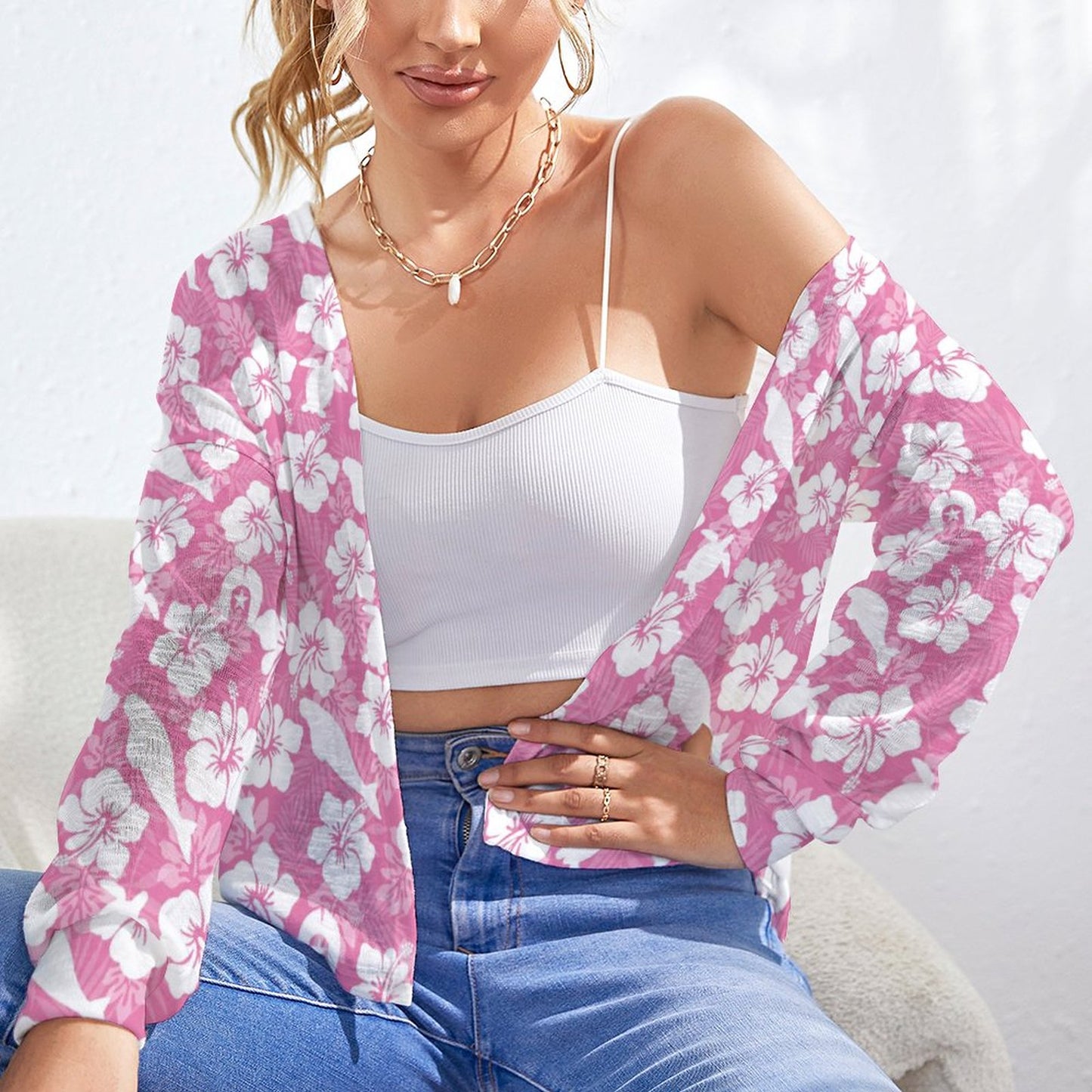 White hibiscus flowers with Dhari, Shark, turtle, and stingray (Pink) Long Sleeve Drop Shoulder Open Shirt
