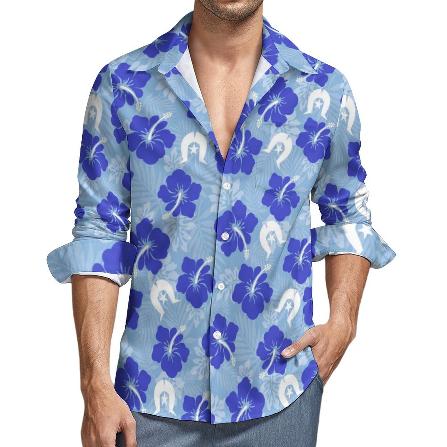 Hibiscus flowers with White Dhari (Sky blue) on Men's Long Sleeve Shirt