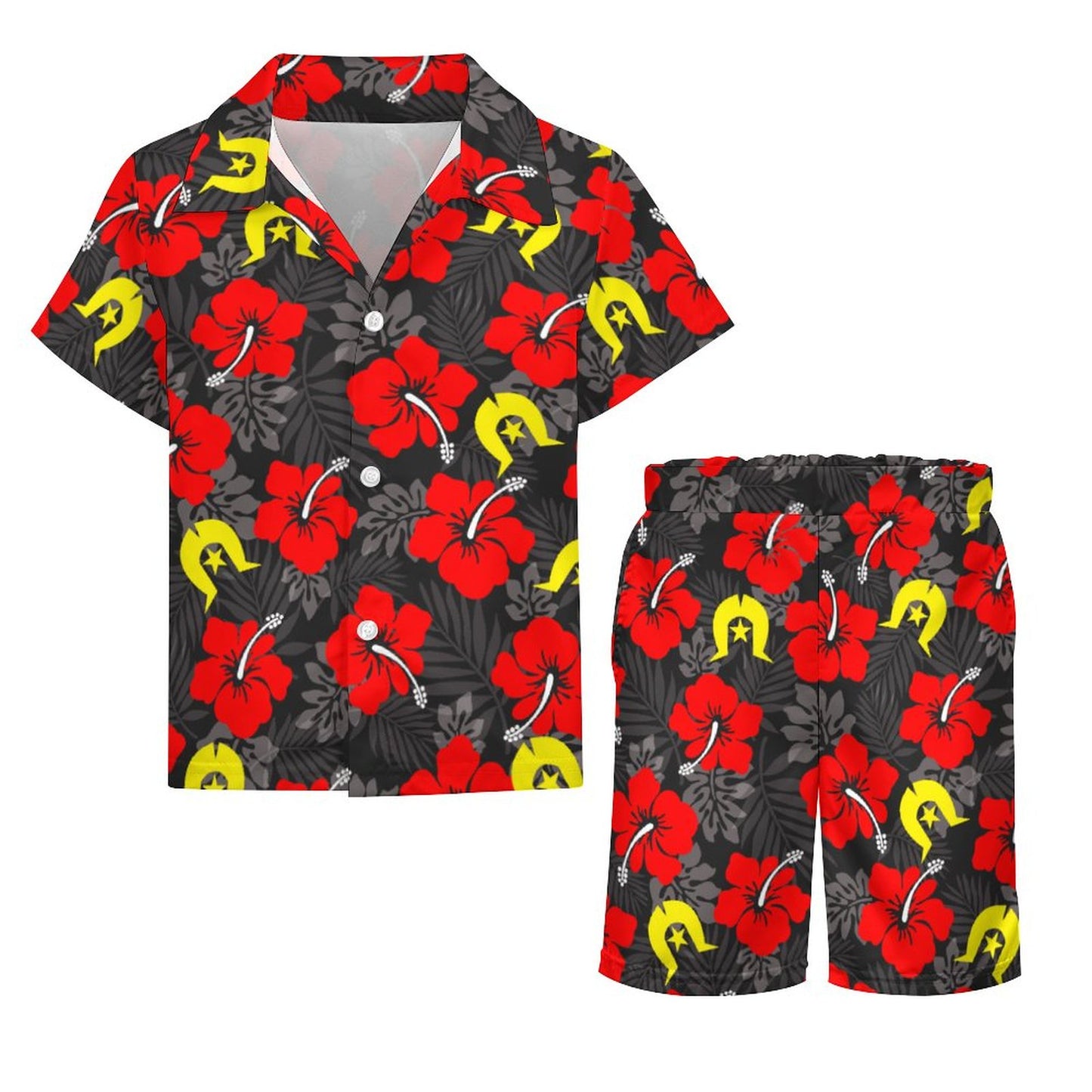 Royal Red Hibiscus with Yellow Dhari on Youth's/Kid's Casual Beach Outfit