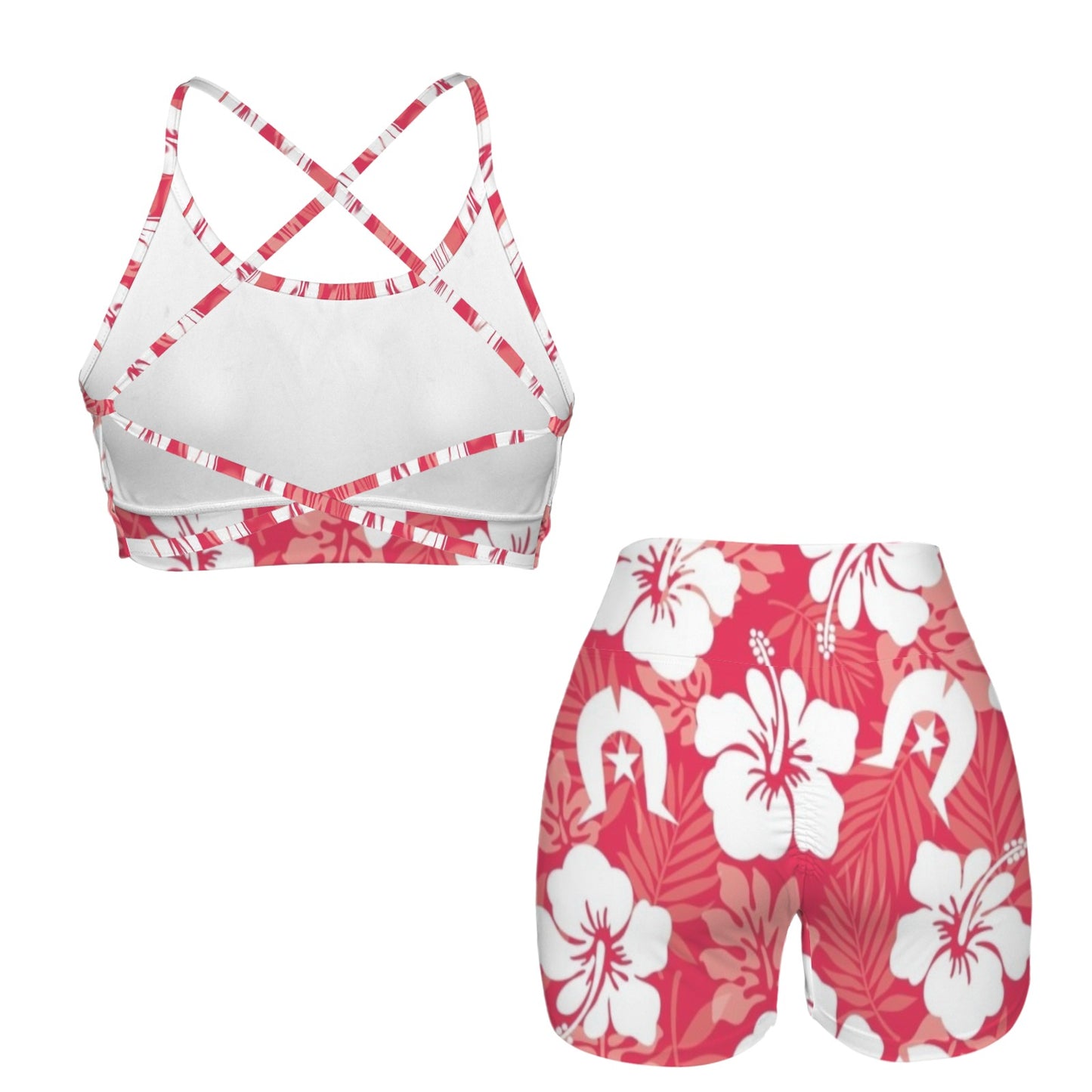 White Hibiscus flowers with Dhari (Red) on Cross Back String Sports Bra & High Waist Shorts Active Sets