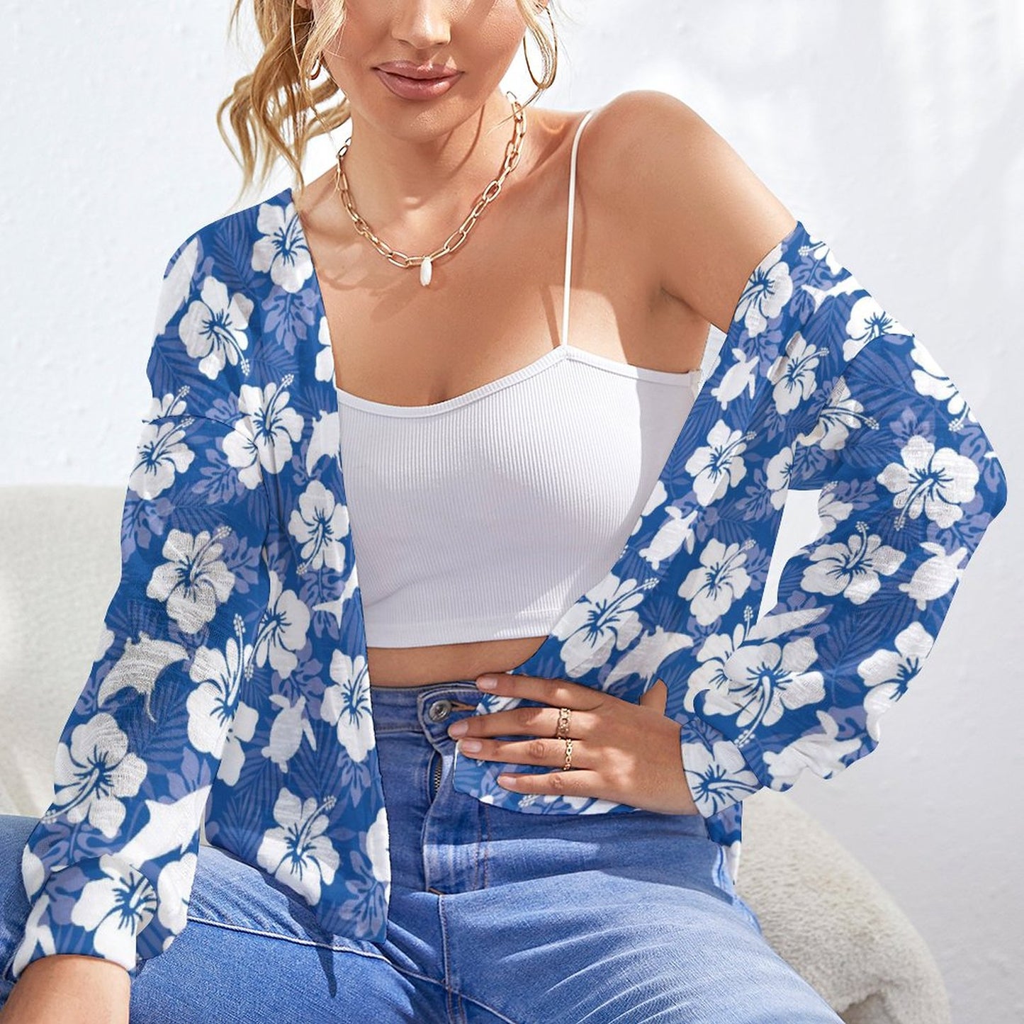 White hibiscus flowers with Dhari, Shark, turtle, and stingray on Long Sleeve Drop Shoulder Open Shirt