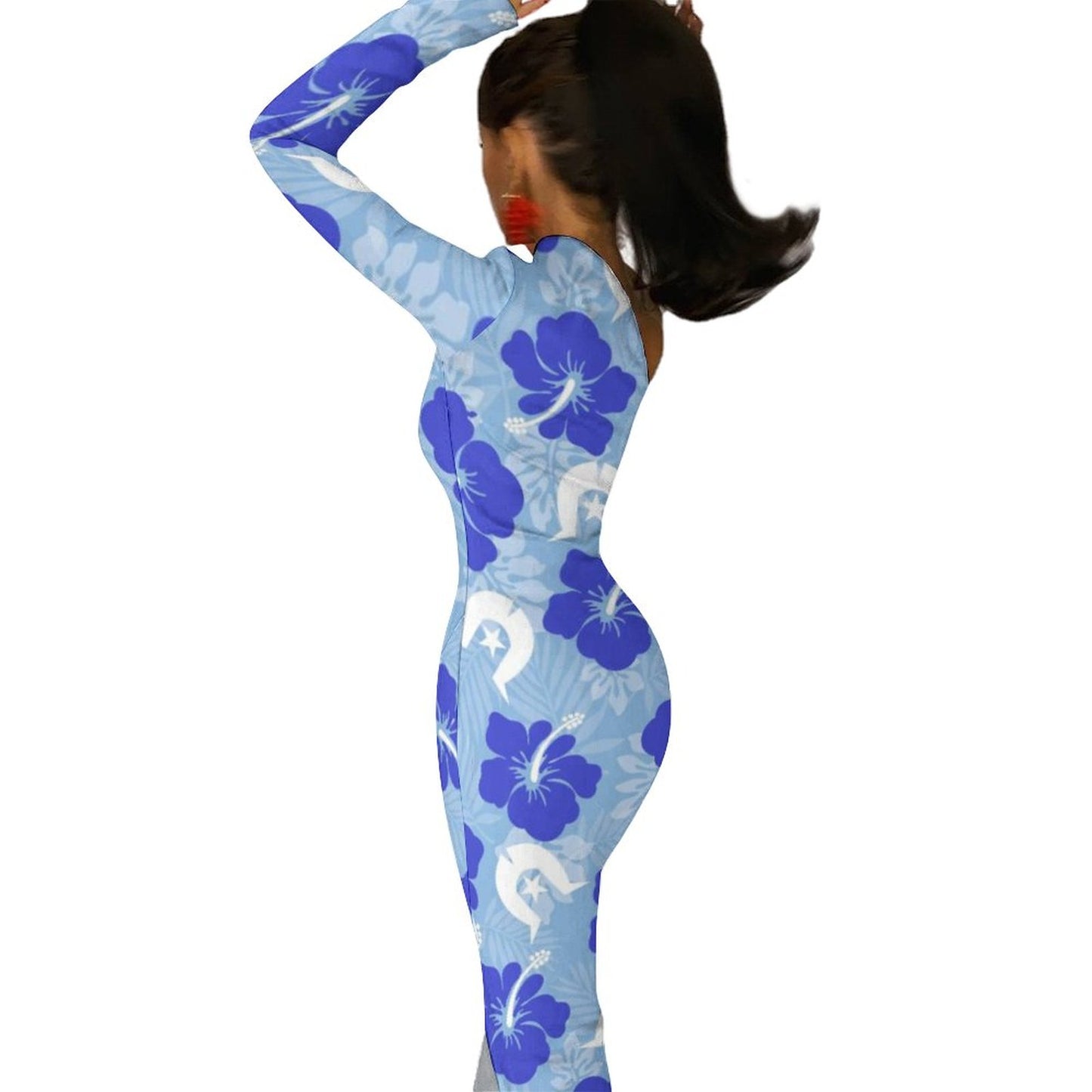 Hibiscus flowers with White Dhari (Sky blue) on One Shoulder Split Dress BIQ