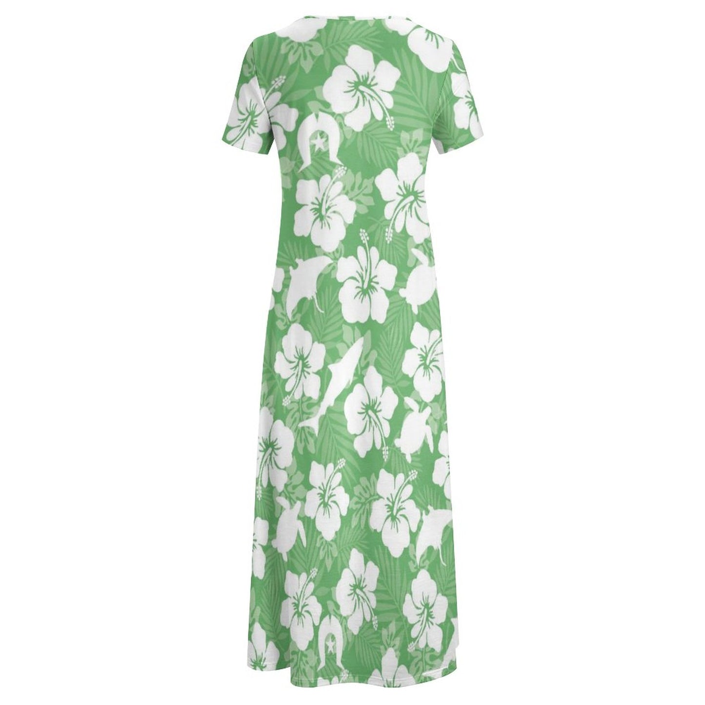White hibiscus flowers with Dhari, Shark, turtle, and stingray (Green) on Round Neck Short Sleeve Dress