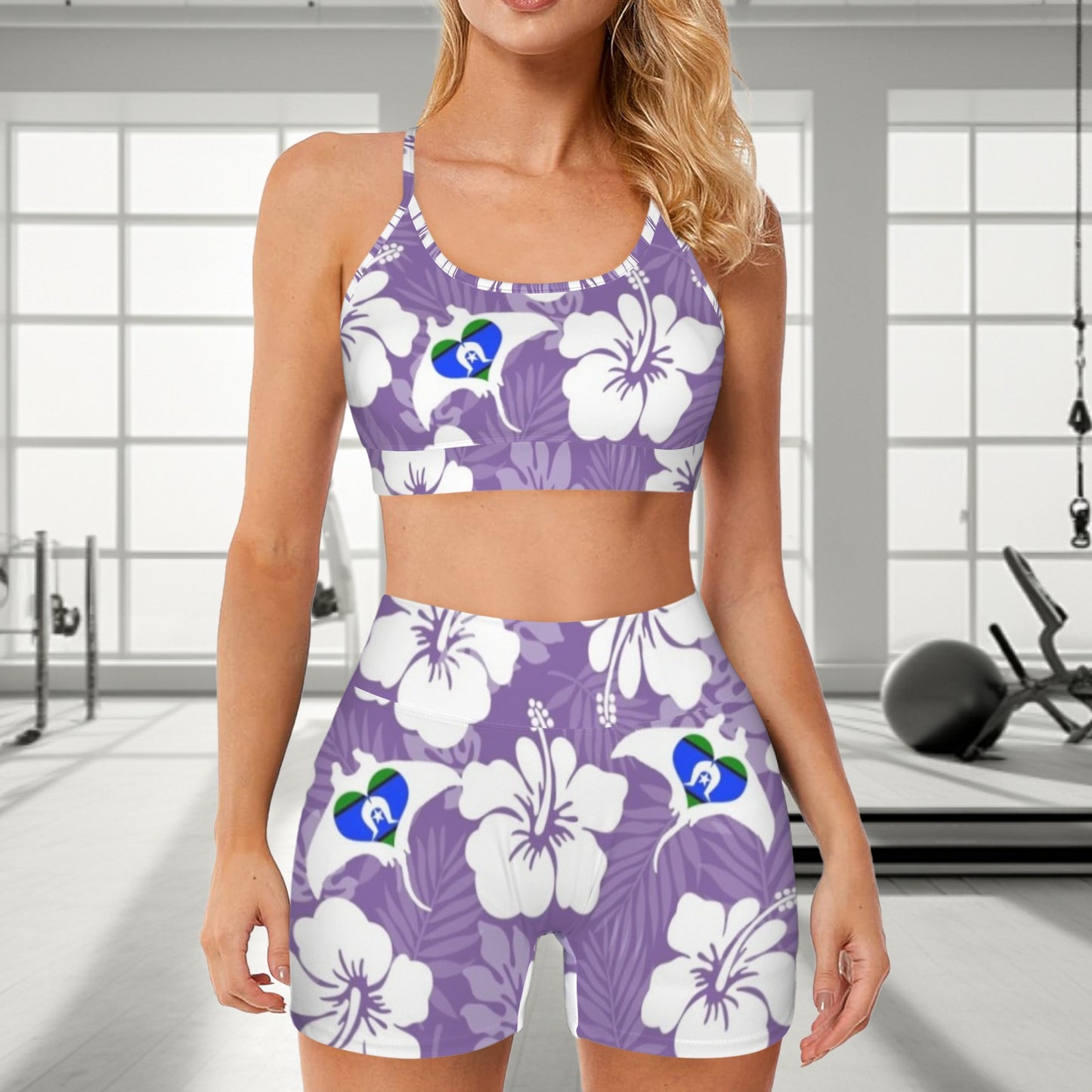 White hibiscus & stingray with TSI flag (Purple) on Cross Back String Sports Bra & High Waist Shorts Active Sets