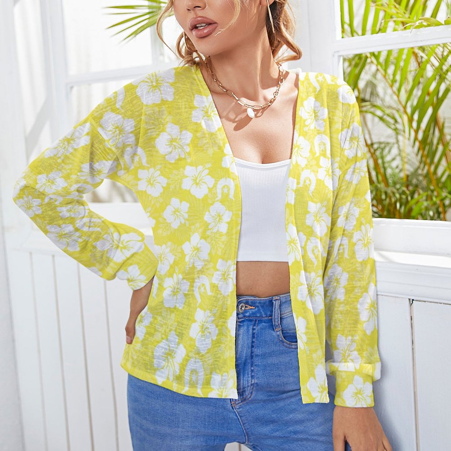White Hibiscus flowers with Dhari (Yellow) on Long Sleeve Drop Shoulder Open Shirt