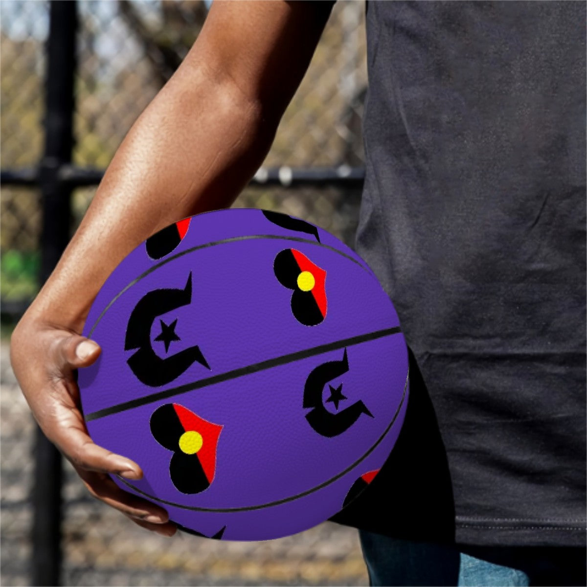 Heart shaped Aboriginal Flag with Black Dhari on Basketball