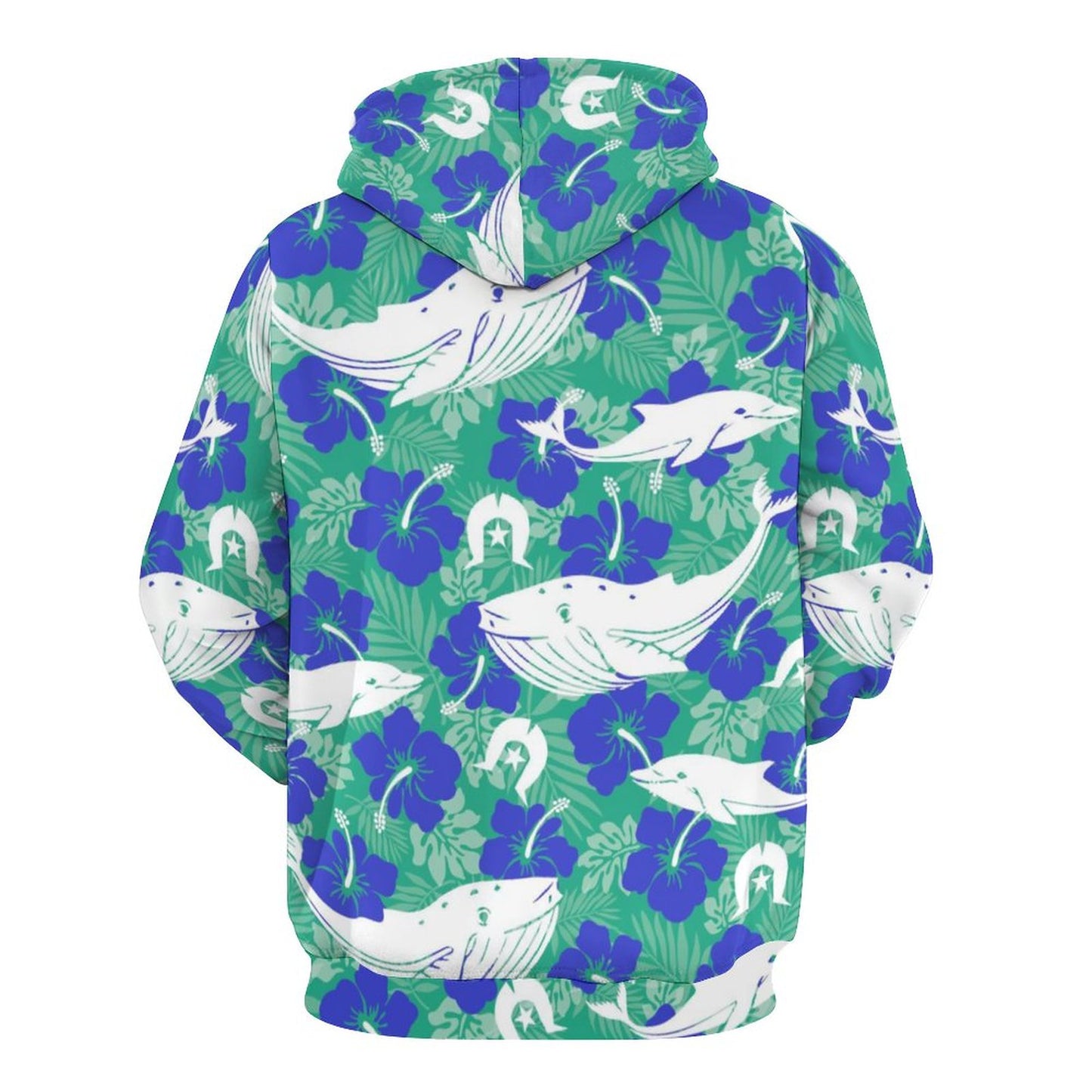 Royal Blue Hibiscus flowers with Whale, Dolphin and Dhari on Lady Hoodie with Double-layer Cap