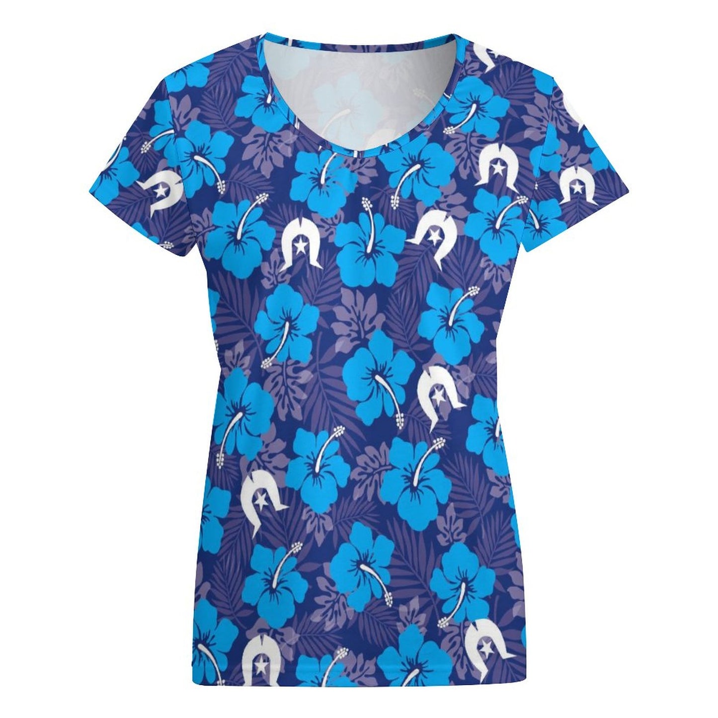 Hibiscus flowers with White Dhari (Royal blue) on V-neck Short Sleeve T-Shirt