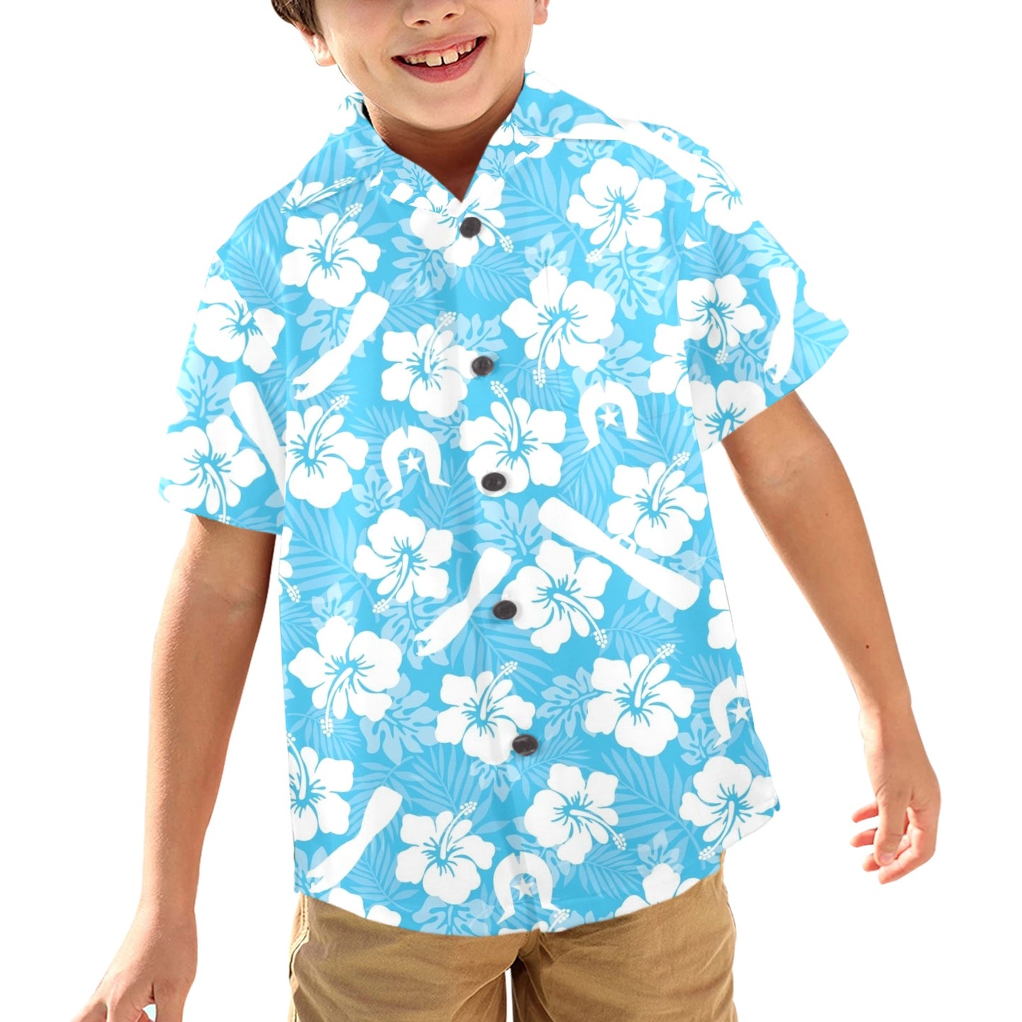 White Hibiscus flowers, Warup and Dhari (Blue) on Little Boys' Hawaiian Shirt