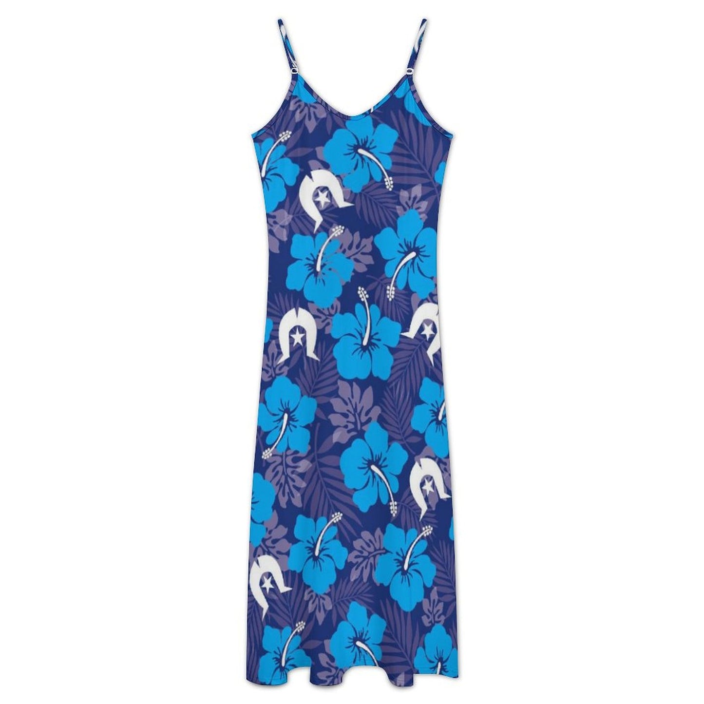 Hibiscus flowers with White Dhari (Royal blue) on Sleeveless Strappy Maxi Dress