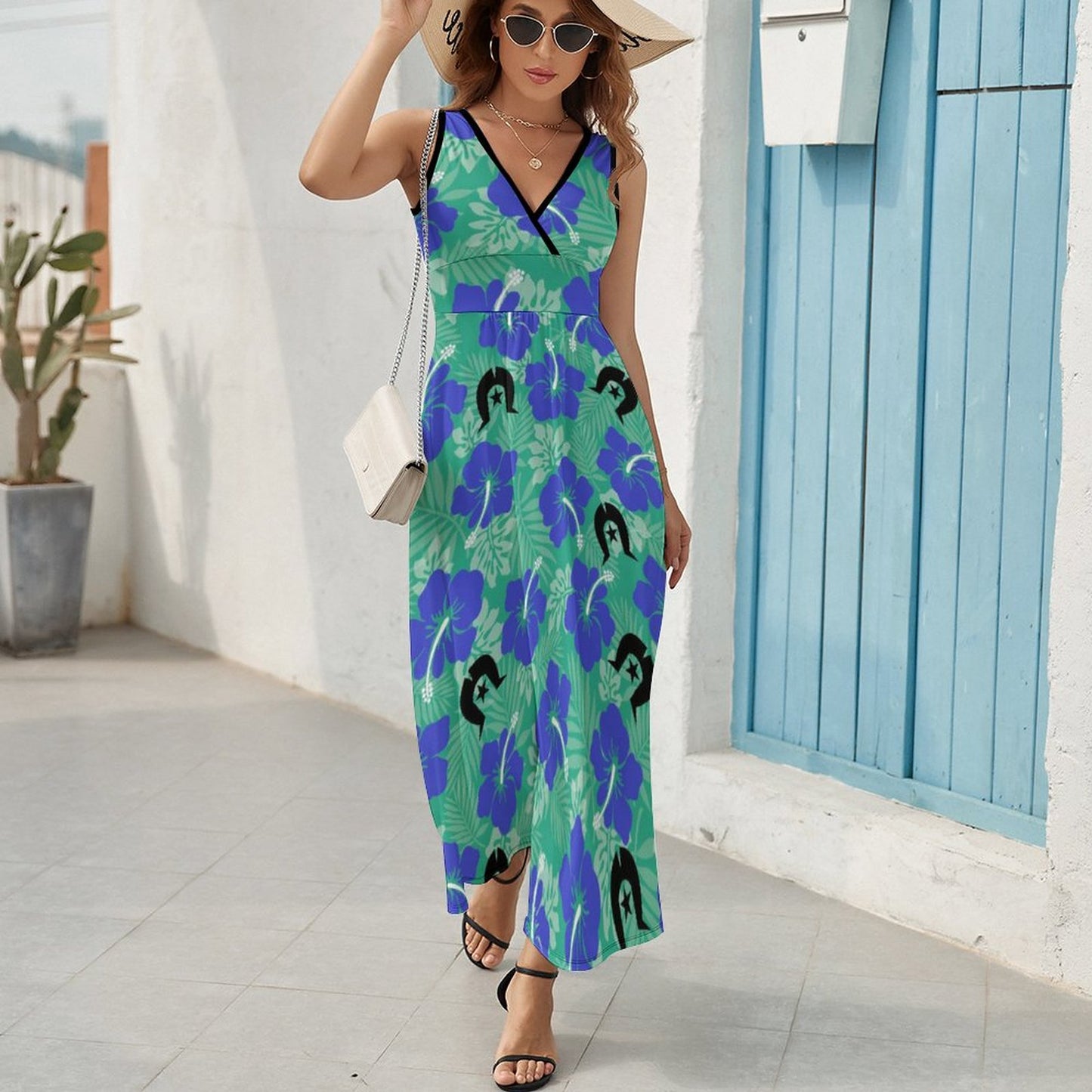Royal Blue Hibiscus flowers with Black Dhari on V Neck Sleeveless Dress