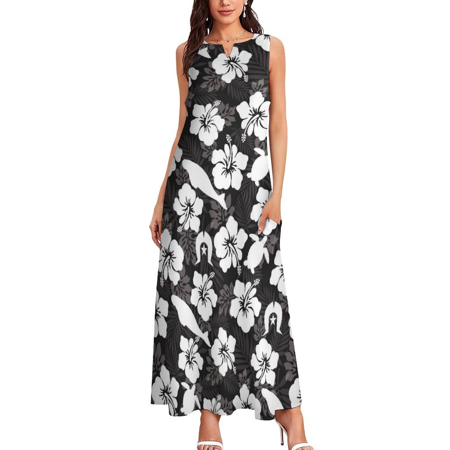 White hibiscus flowers with Dhari, Dugong and Turtle (Black) on Sleeveless Ankle-length Dress