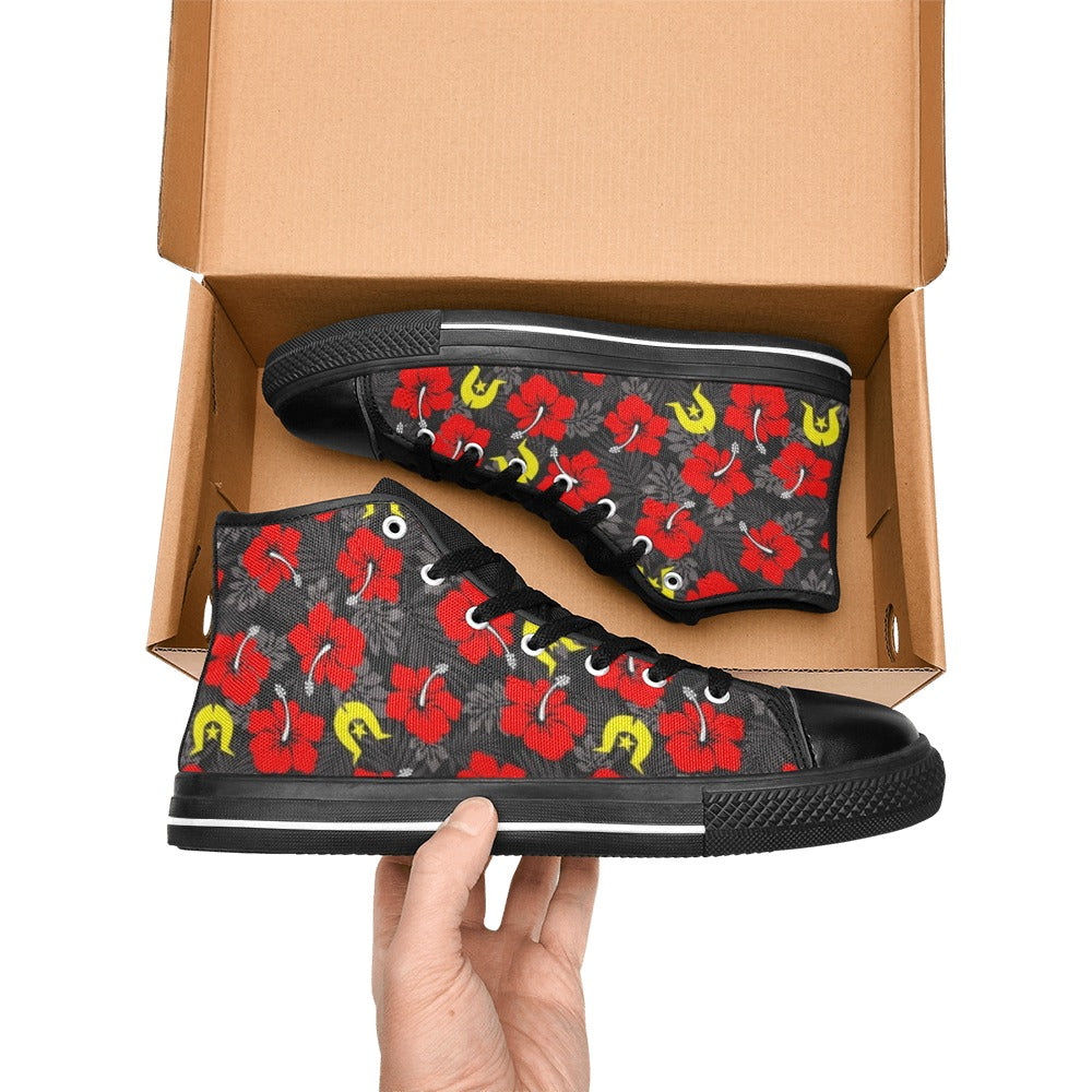 Royal Red Hibiscus with Yellow Dhari on Women's High Top Canvas Shoes