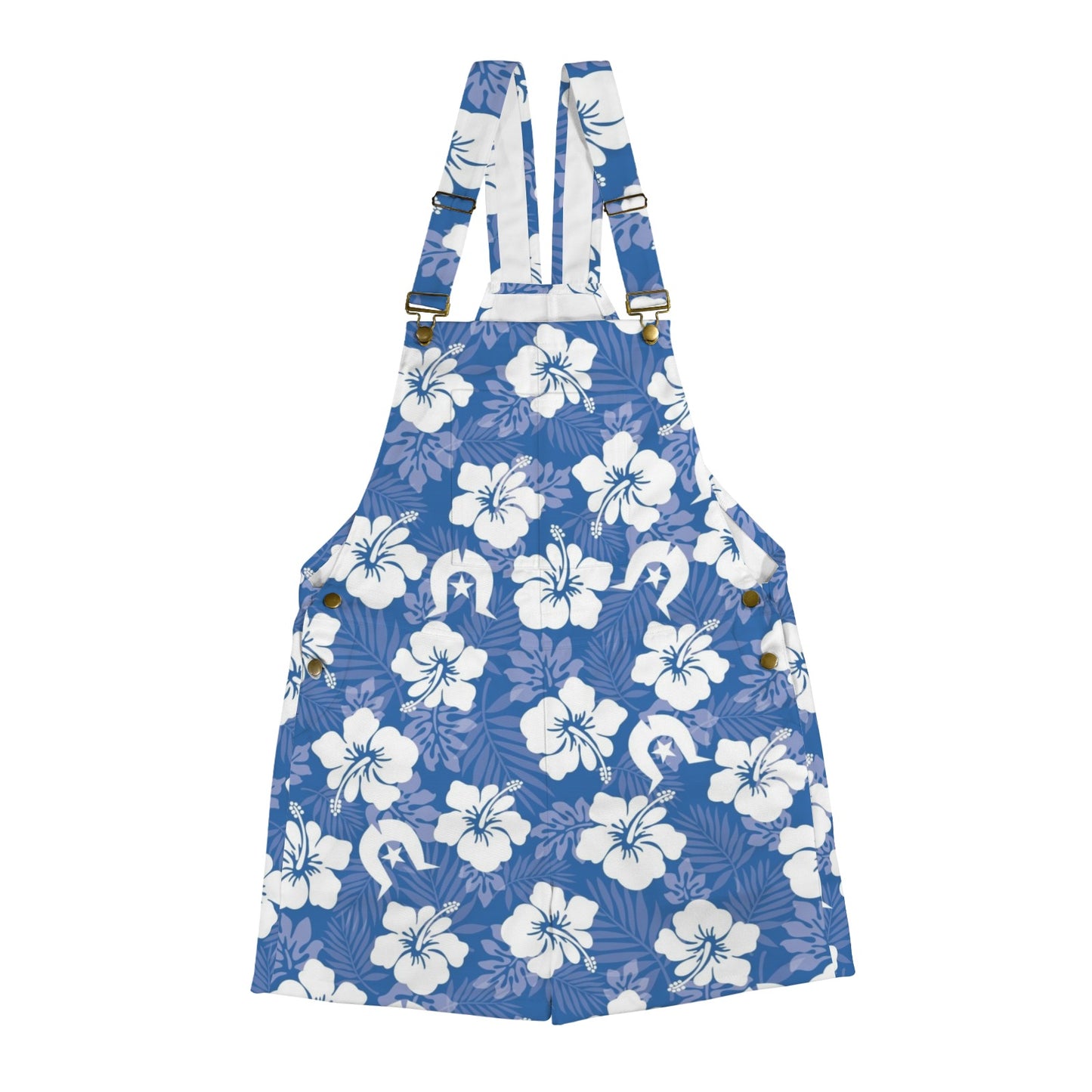 White Hibiscus flowers with Dhari (Blue) on Unisex Suspender Jumpsuit