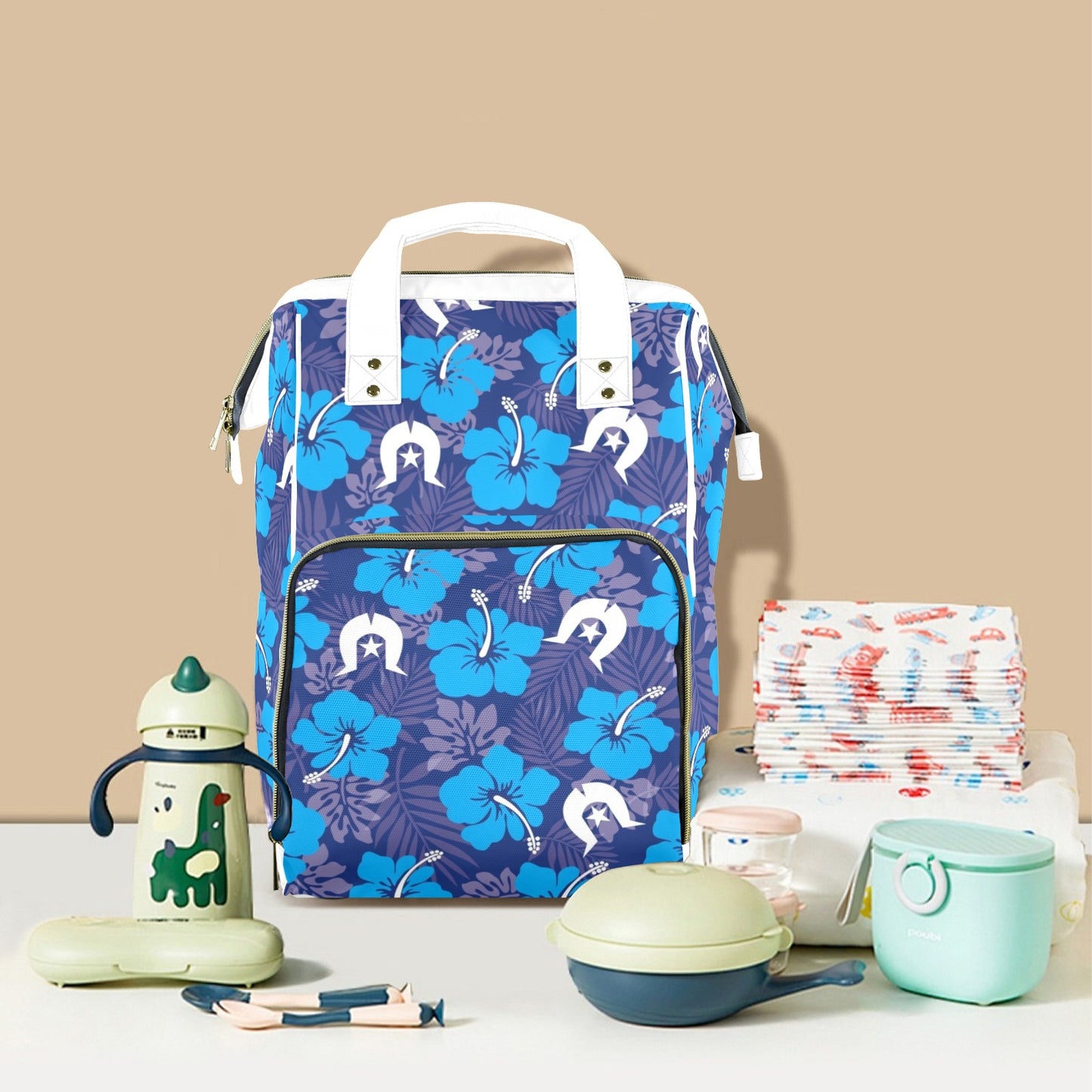 Hibiscus flowers with White Dhari (Royal blue) on Baby backpack / bag (Large)