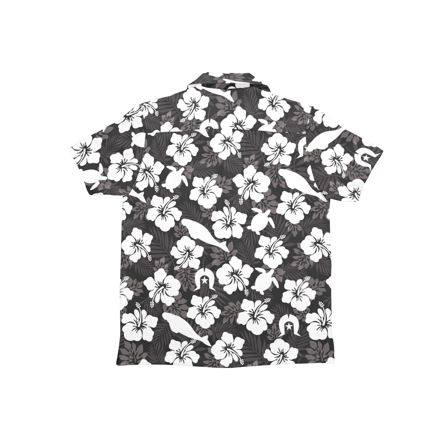 White Hibiscus with Dugong, Turtle and Dhari (Black) on Little Boys' Hawaiian Shirt