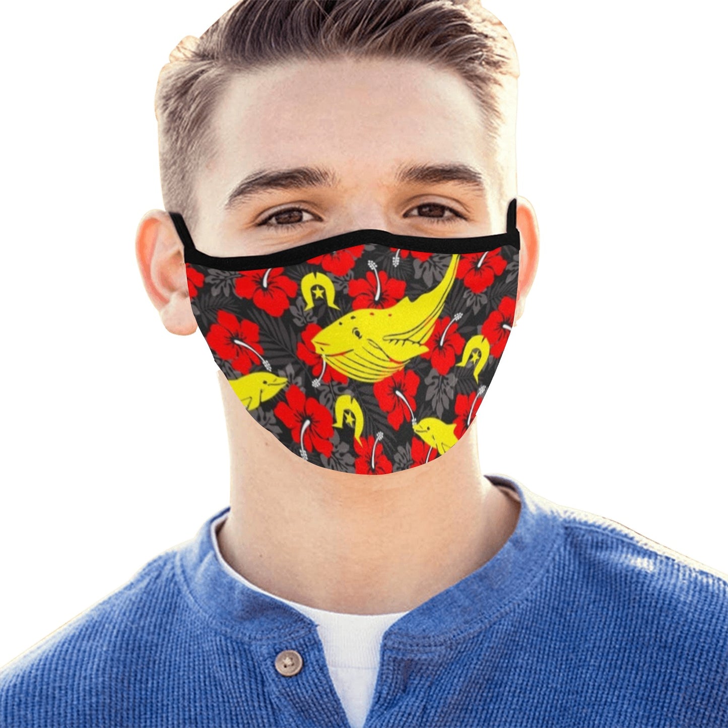 Royal Red Hibiscus with Yellow Dhari, Whale and Dolphin on Fabric facemask (30 PCS Filters Included)