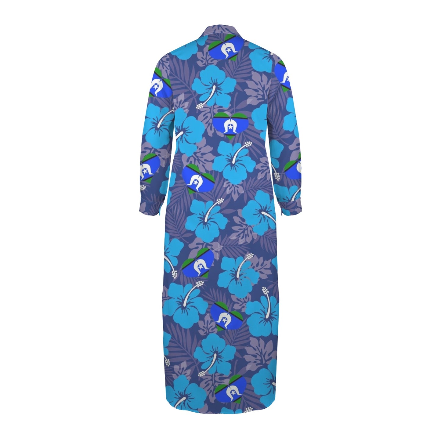 Hibiscus flowers with Torres Strait Heart Flag (Royal Blue) on Button Long Sleeve Shirt Dress