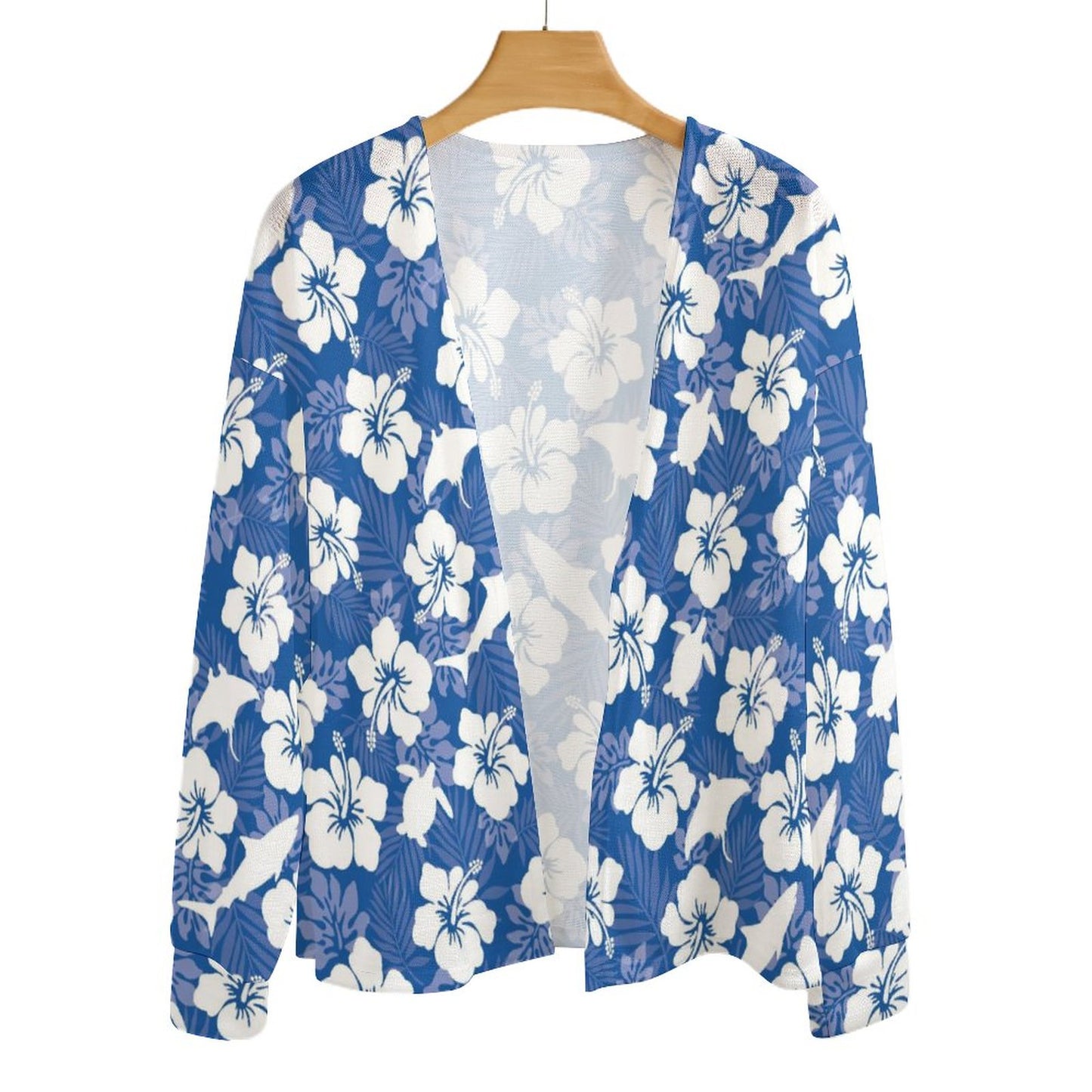 White hibiscus flowers with Dhari, Shark, turtle, and stingray on Long Sleeve Drop Shoulder Open Shirt