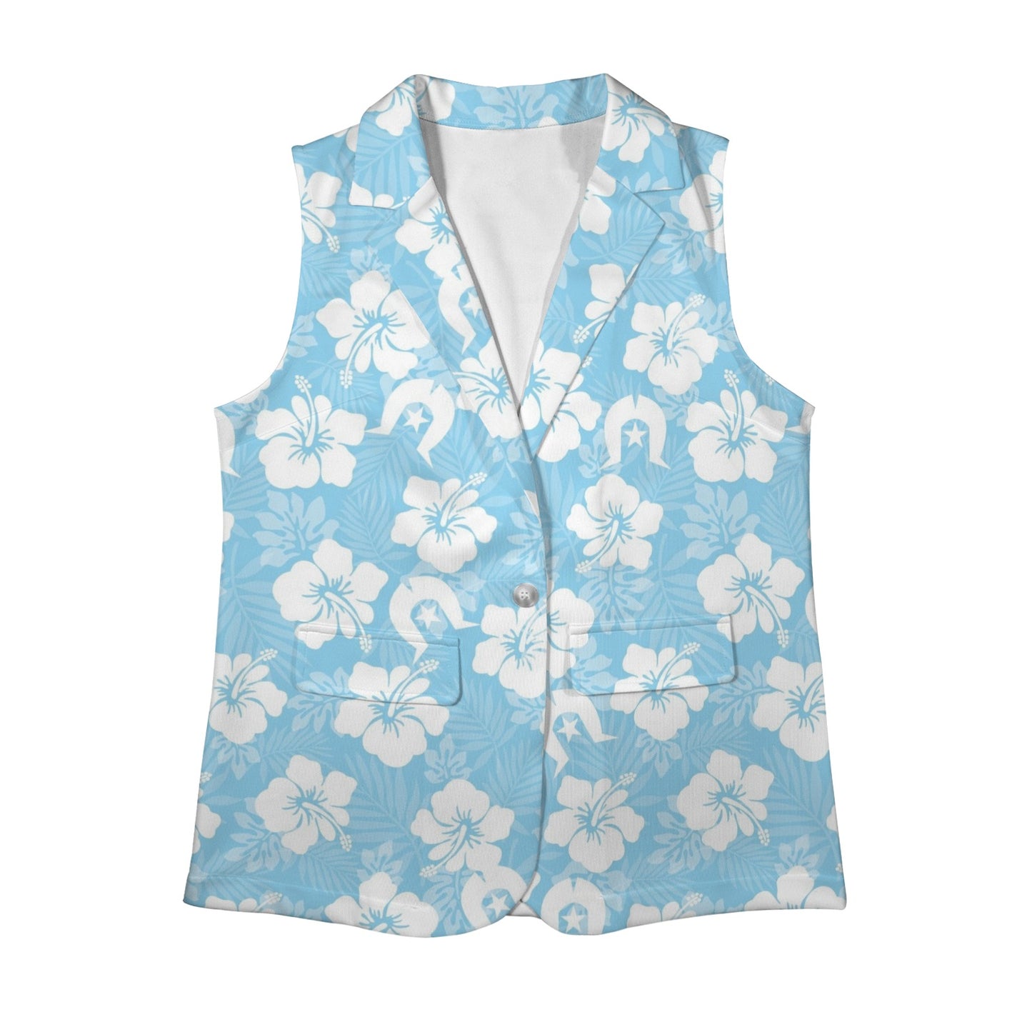 White Hibiscus and Dhari (blue) on Women Sleeveless Suit Vest