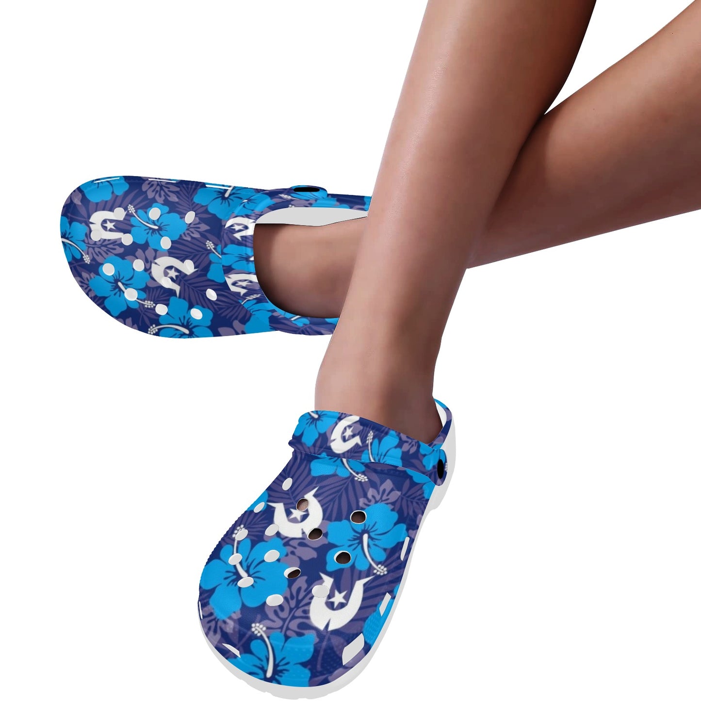 Hibiscus flowers with White Dhari (Royal blue) on Adults Clogs