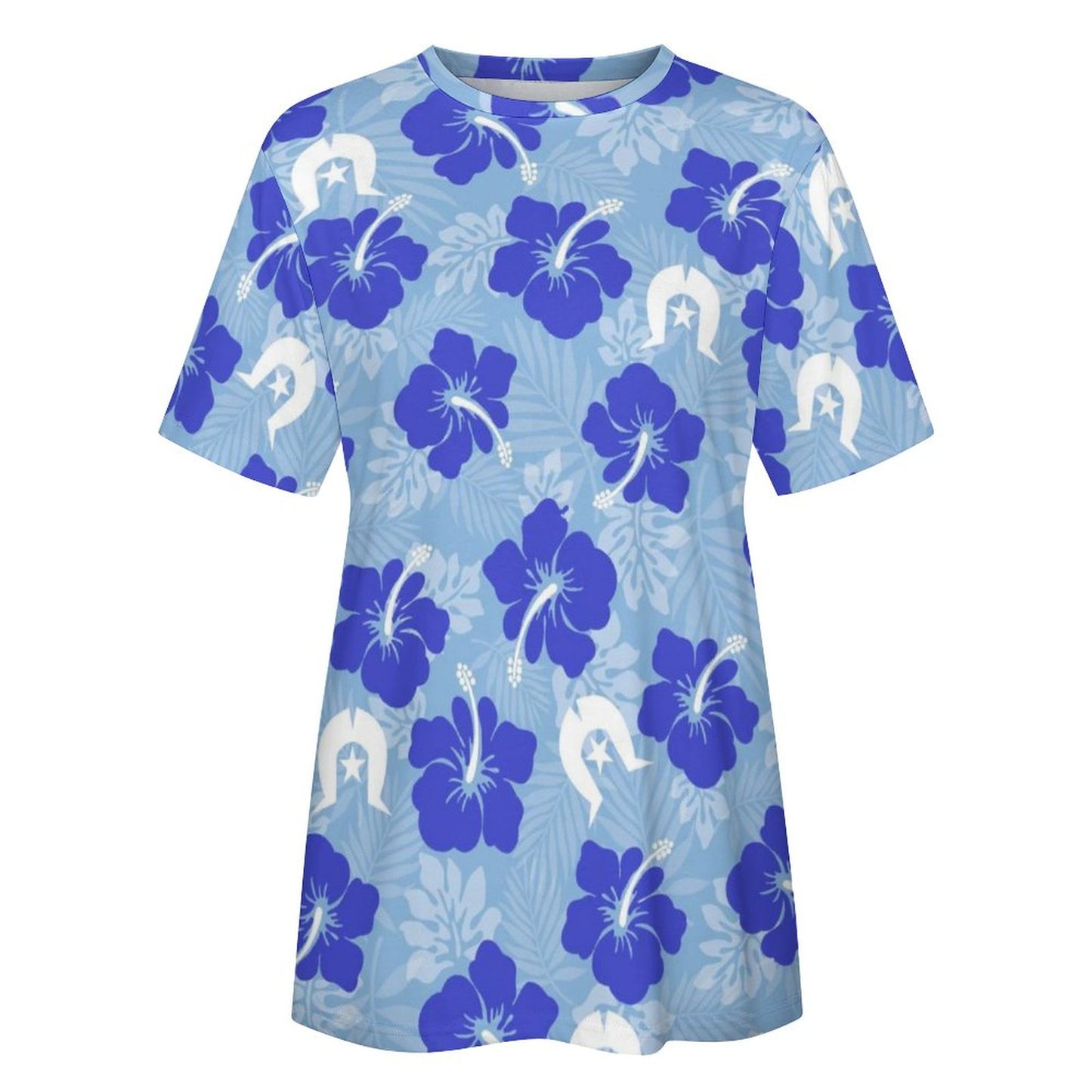 Hibiscus flowers with White Dhari (Sky blue) on Cotton Summer Short Sleeve T-Shirts for Women