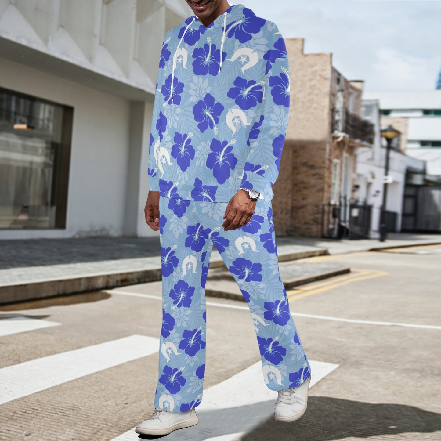 Hibiscus flowers with White Dhari (Sky blue) on Men's Streetwear Oversized Flared Tracksuit