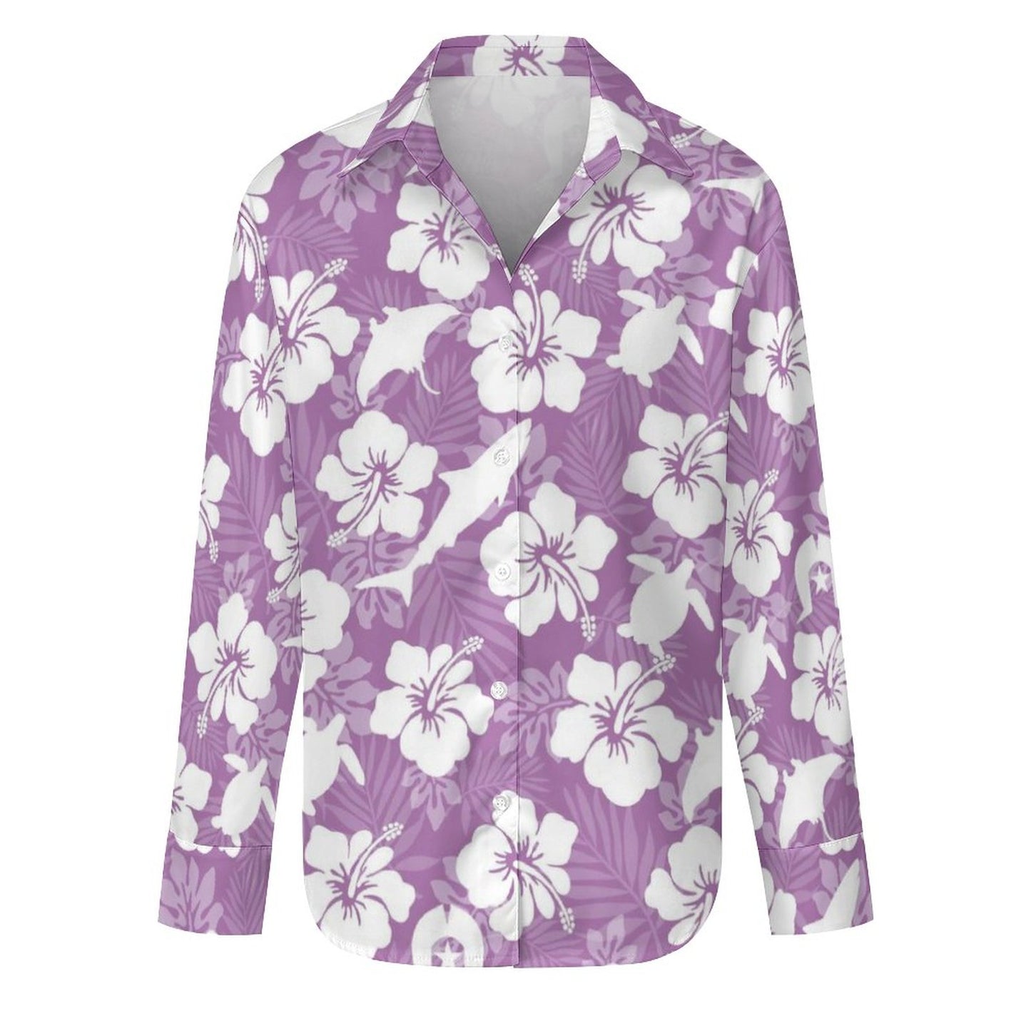 White hibiscus flowers with Dhari, Shark, turtle, and stingray (Purple) on Women's Flower Blouse Long Sleeve