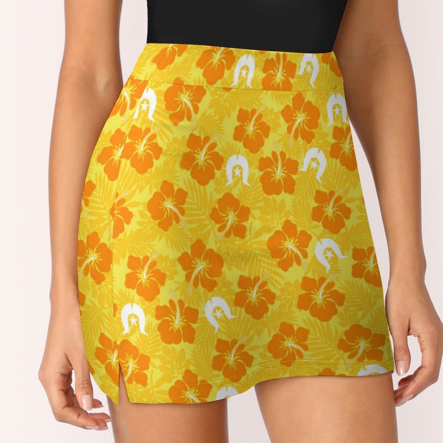 Hibiscus flowers with Dhari (Gold) on Anti-peep Skort with Pocket AMQ