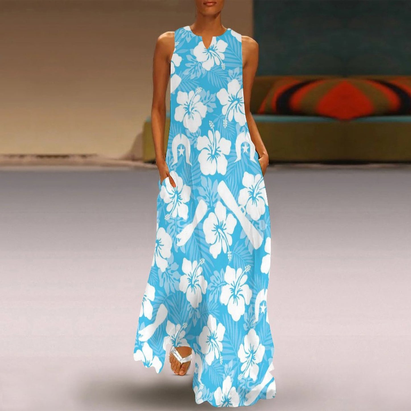White Hibiscus flowers, Warup and Dhari on Sleeveless Ankle-length Dress