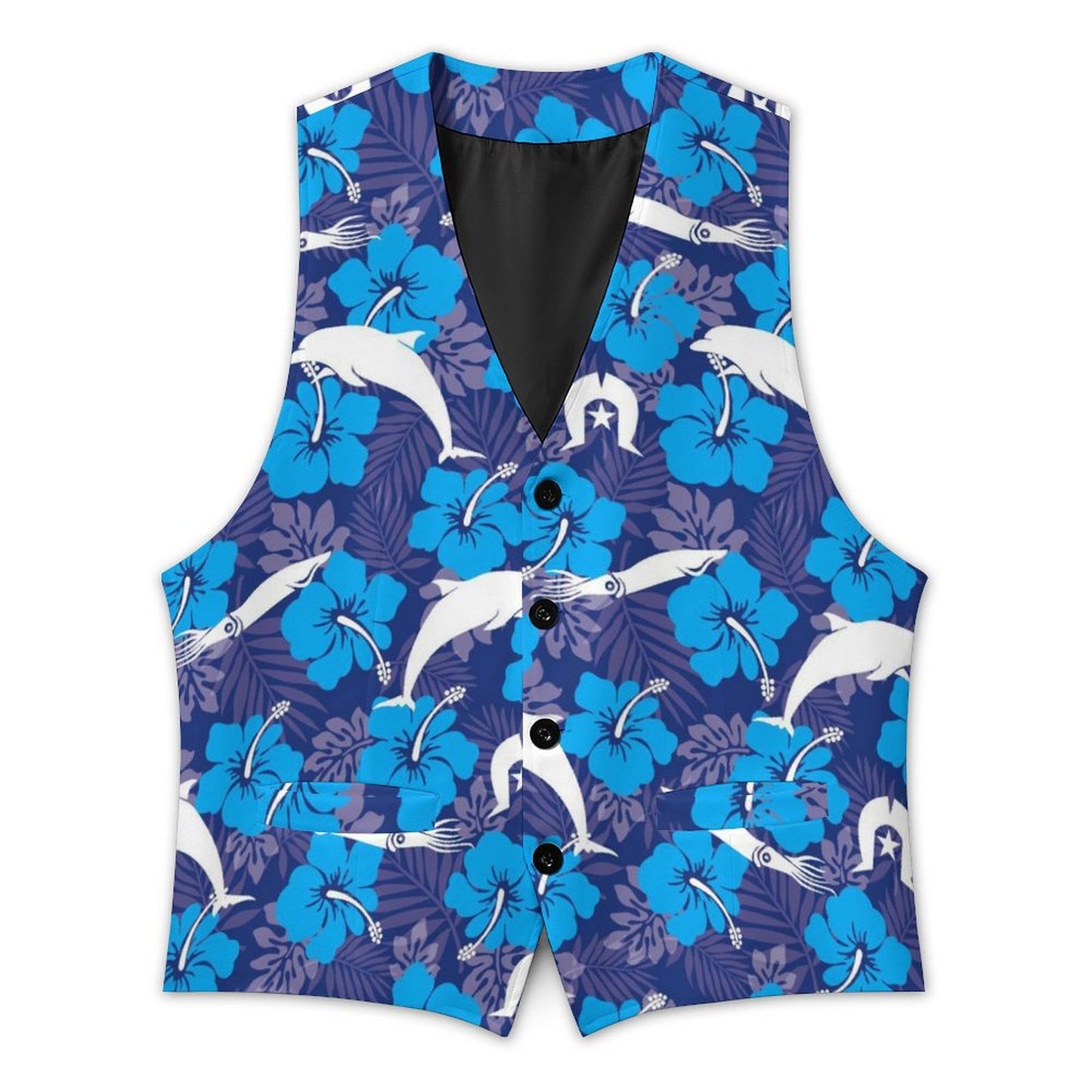 Hibiscus flowers with Dolphin, Squid and Dhari (Royal blue) on Men's Sleeveless Suit Vest