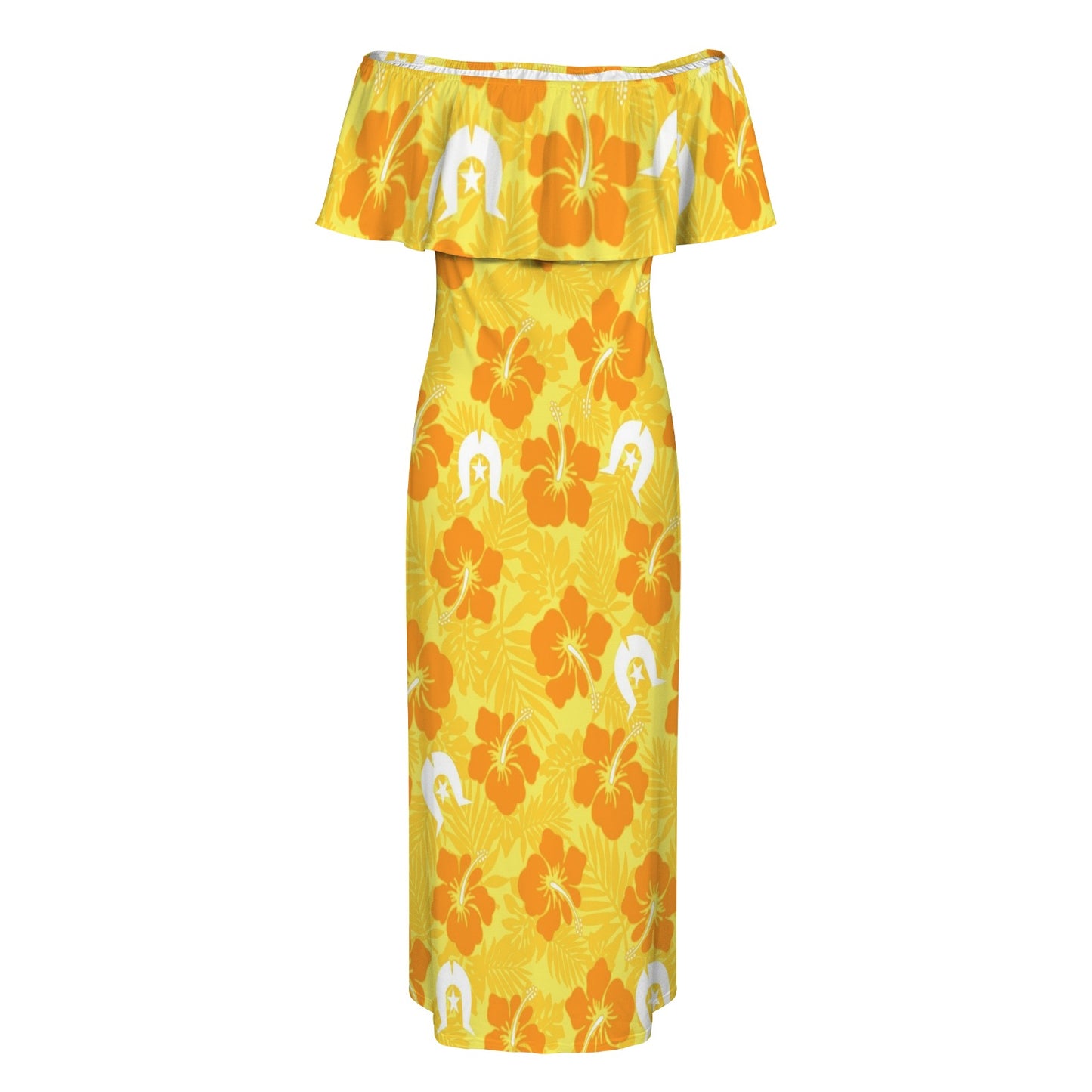 Hibiscus flowers with Dhari (Gold) on Women's Off Shoulder Ruffle Boat Neck Dress