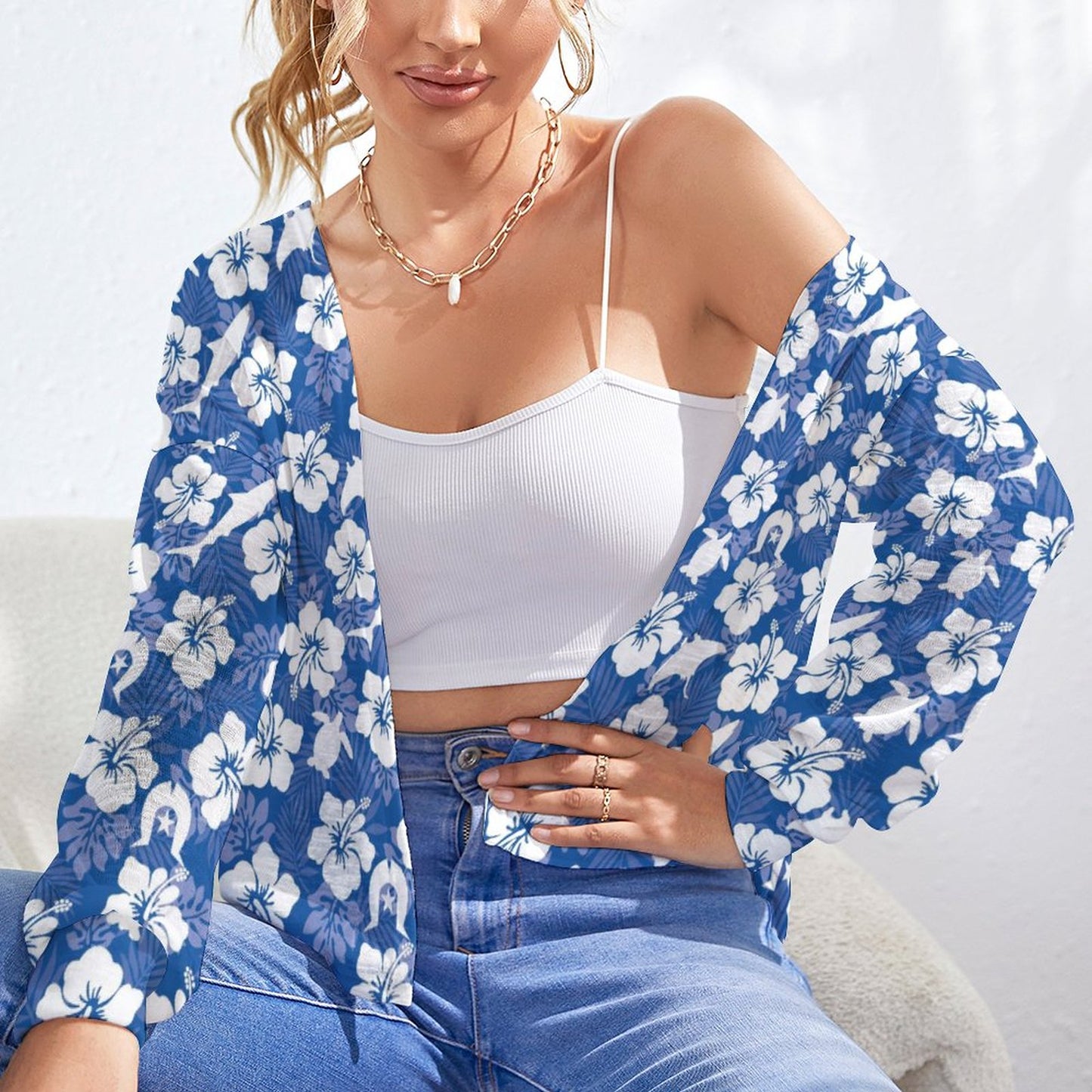 White hibiscus flowers with Dhari, Shark, turtle, and stingray on Long Sleeve Drop Shoulder Open Shirt