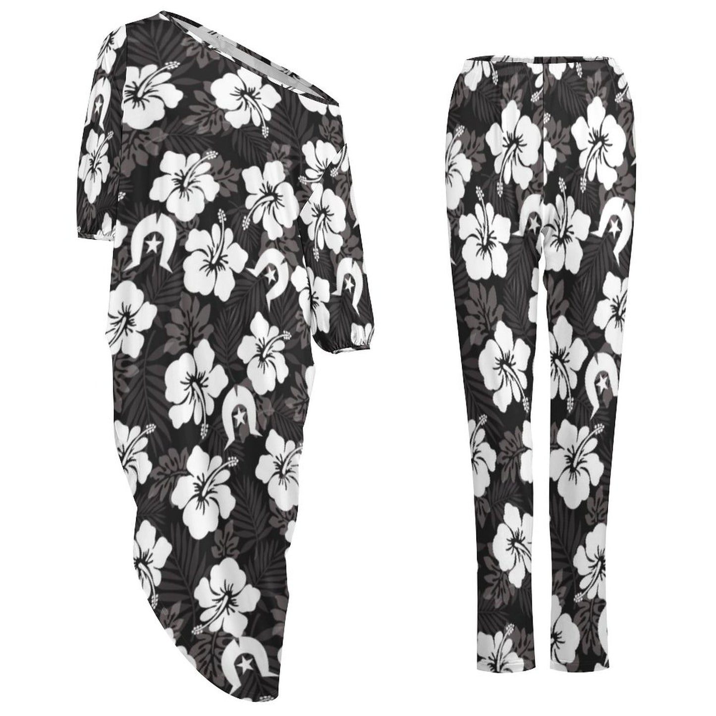 White Hibiscus and Dhari (Black) on Diagonal Shoulder Two Piece Set