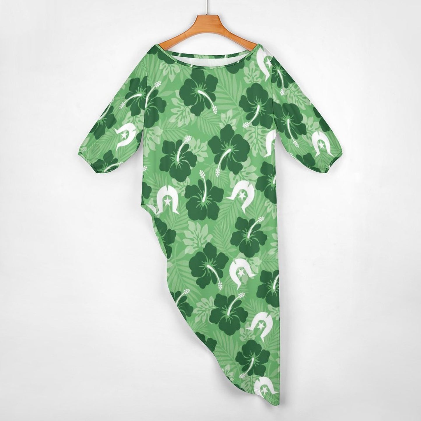 Hibiscus flowers with White Dhari (Sea Grass Green) on Diagonal Shoulder Two Piece Set