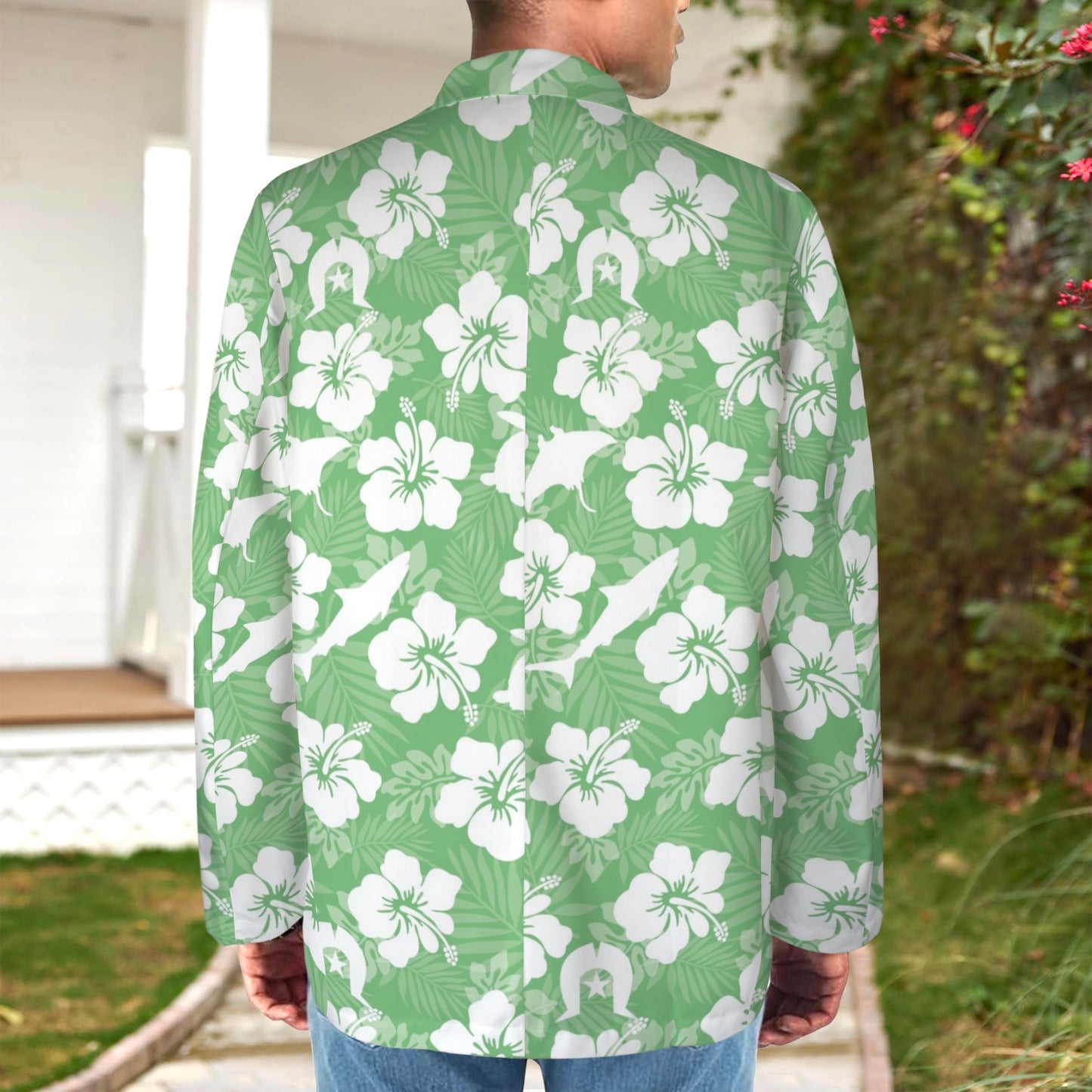 White hibiscus flowers with Dhari, Shark, turtle, and stingray (Green) on Men's Blazer