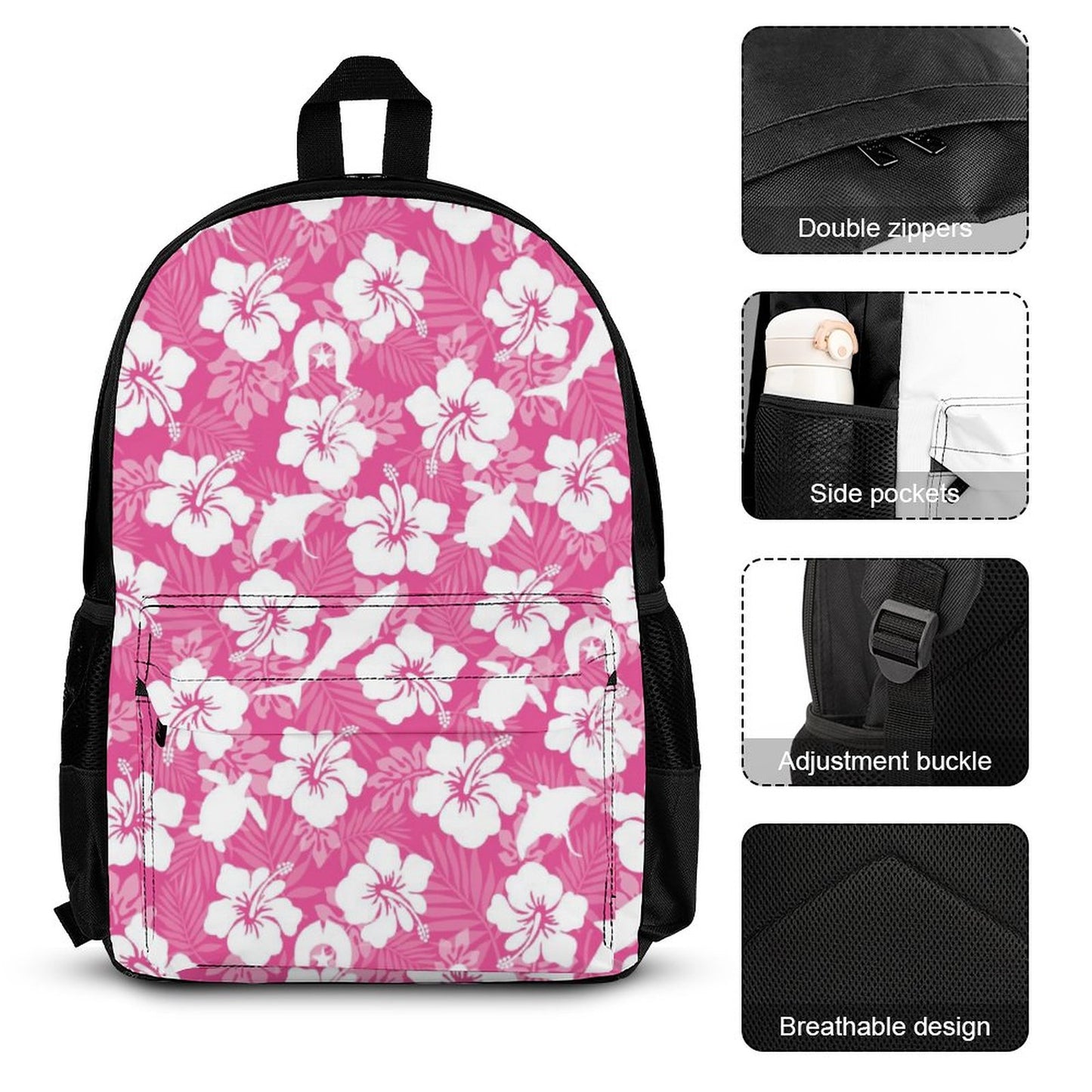 White hibiscus flowers with Dhari, Shark, turtle, and stingray (Pink) on Set of 3 Bags (Shoulder Bag Lunch Bag & Pencil Pouch)