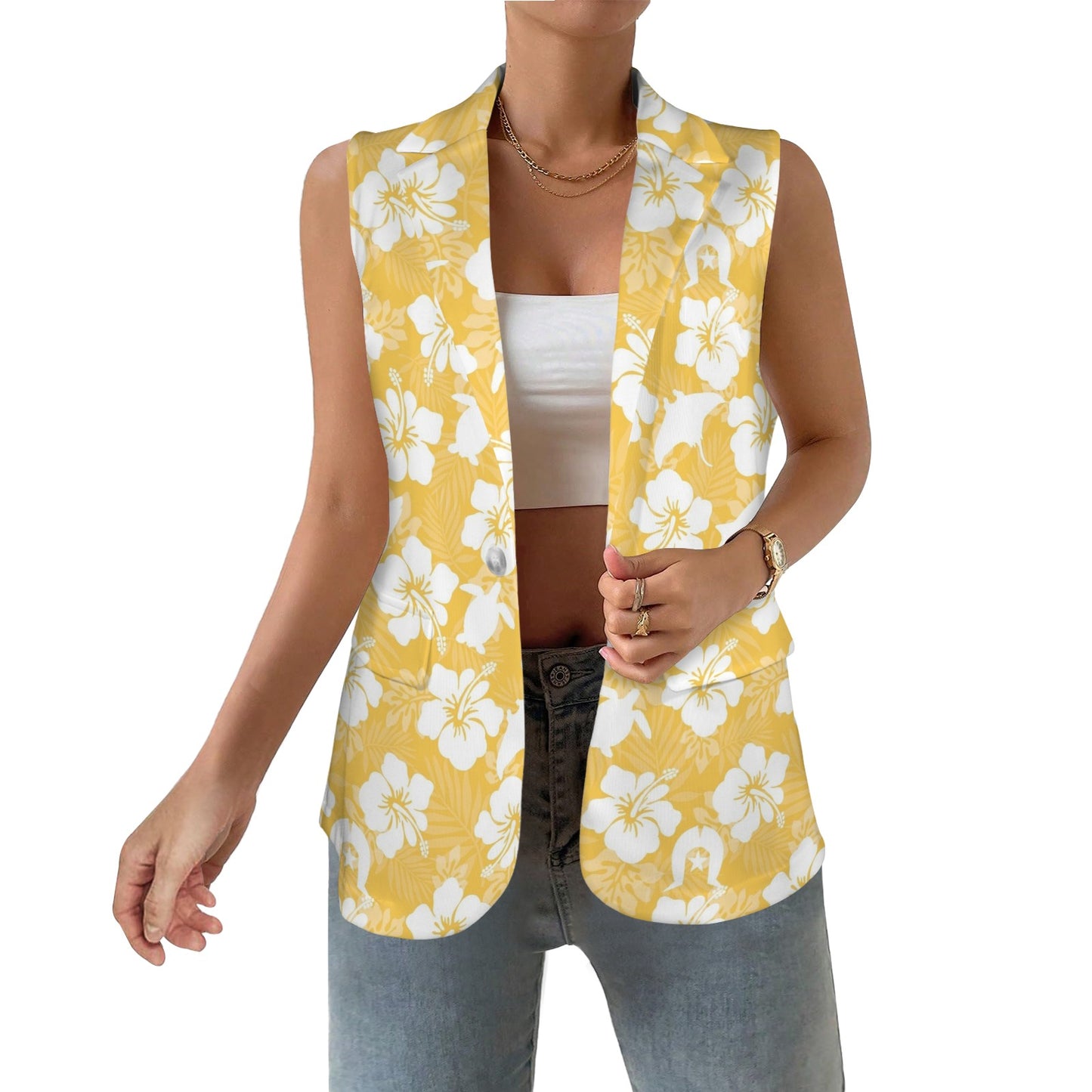 White hibiscus flowers with Dhari, Shark, turtle, and stingray (Orange) on Women Sleeveless Suit Vest