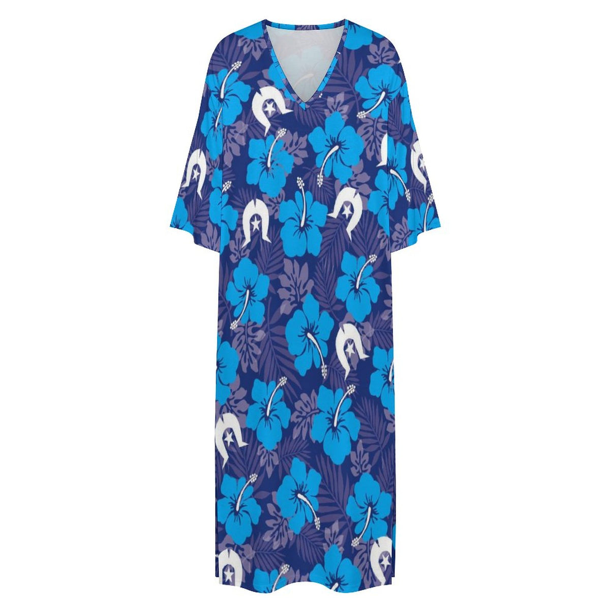 Hibiscus flowers with White Dhari (Royal blue) on Mediterranean Style V Neck Mid-Sleeve Robe