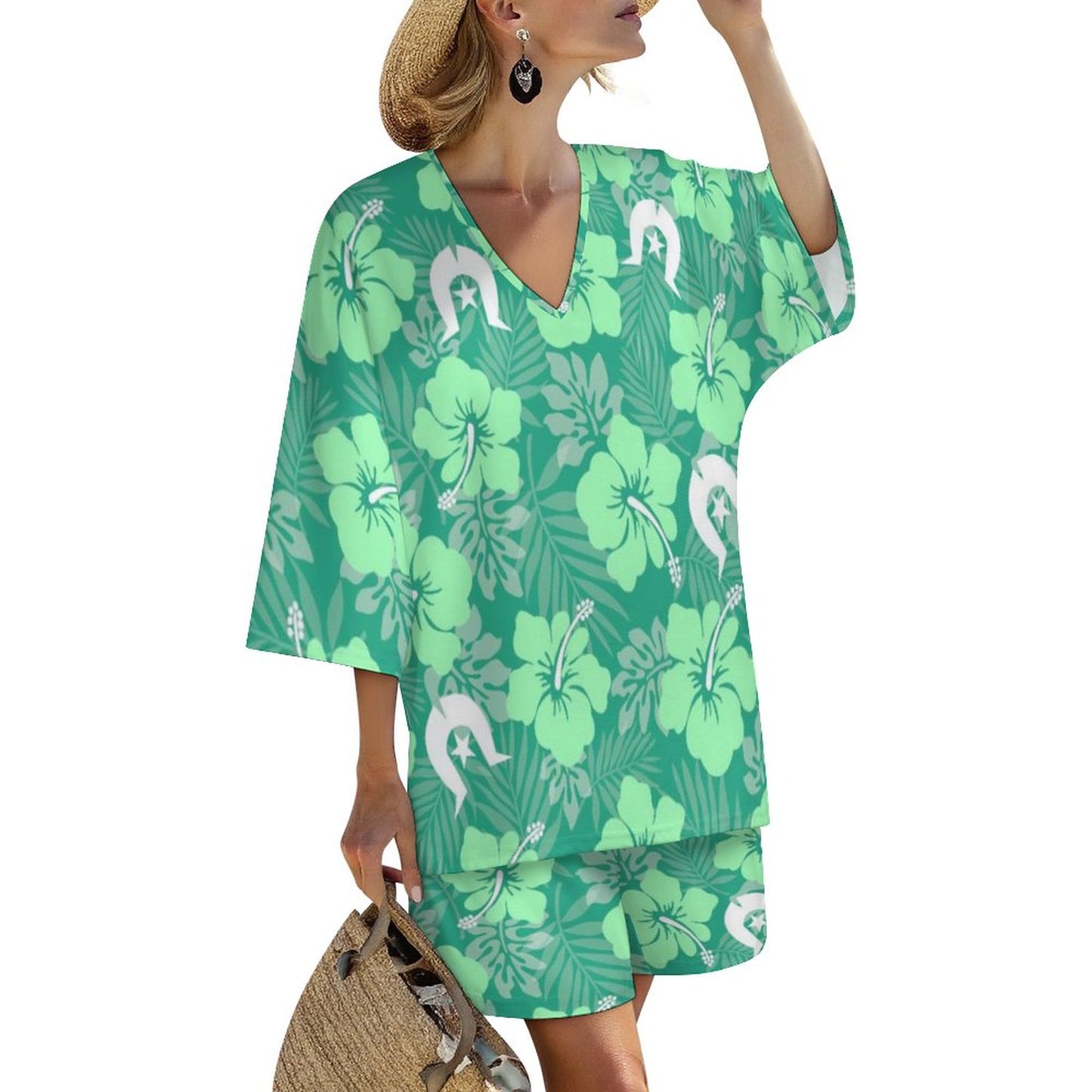 Hibiscus flowers with Dhari (Royal mint) on Mediterranean Style V-Neck Suit