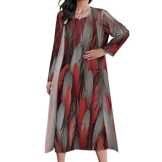 Red and Grey Feather on Long Dress Set