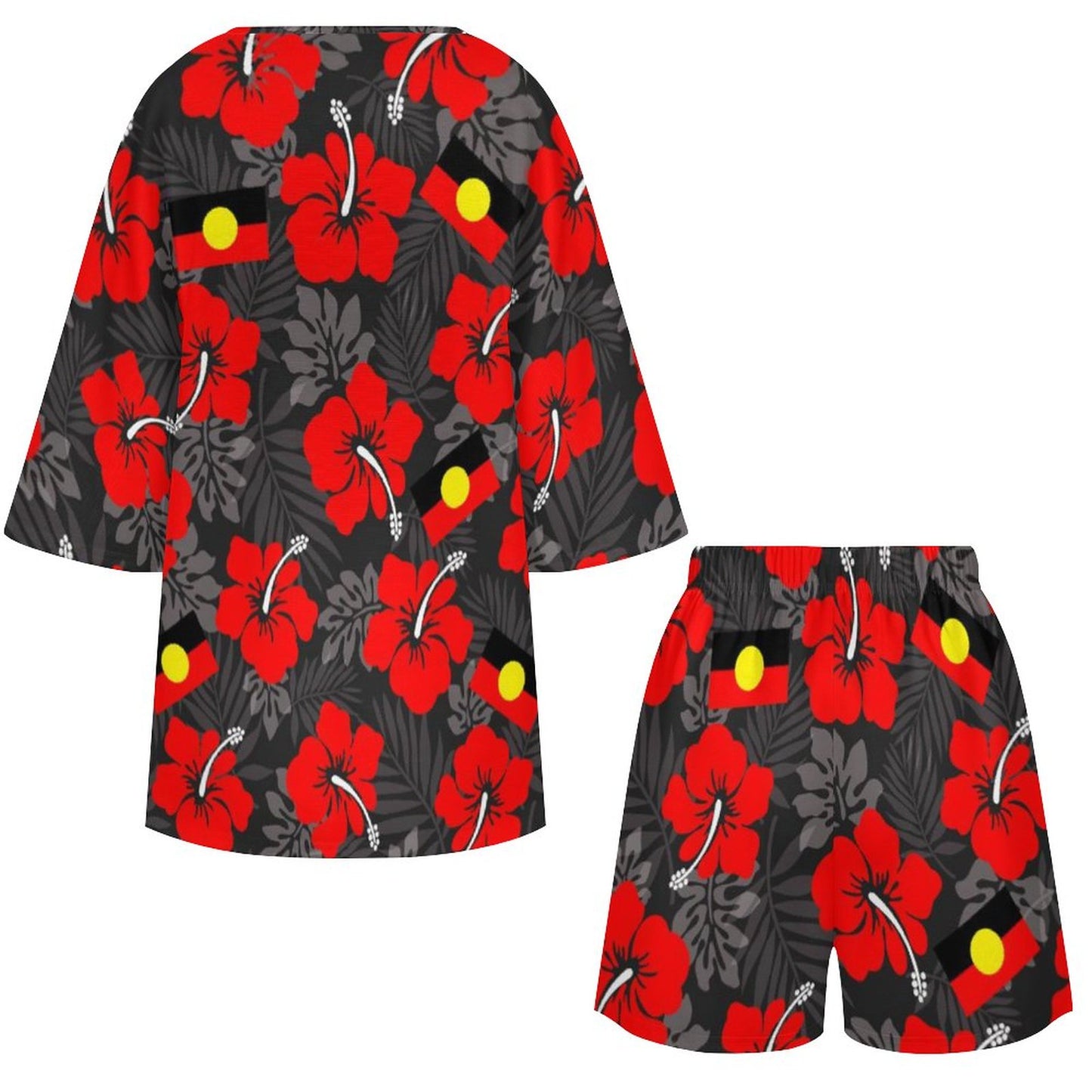 Royal Red Hibiscus flowers with Aboriginal flag on Mediterranean Style V-Neck Suit
