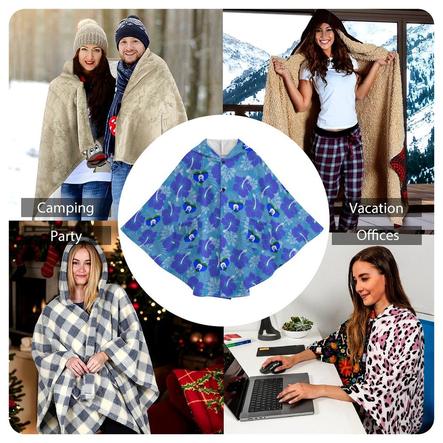 Hibiscus flowers with Torres Strait Heart Flag on Fleece Hooded Cape for Adults