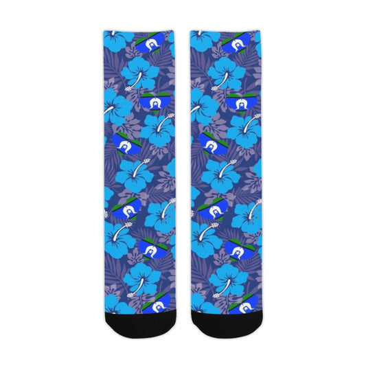 Hibiscus flowers with heart Torres Strait flag (Royal blue) on Crew Socks (Made In AUS)
