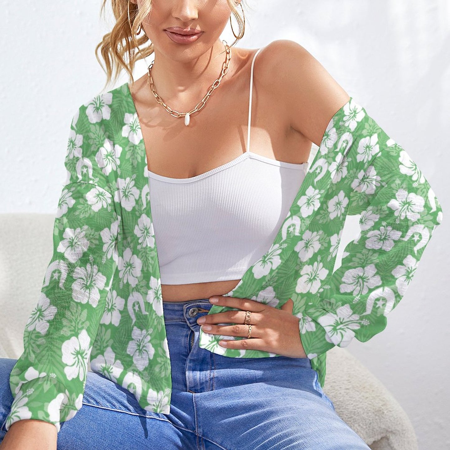 White Hibiscus flowers with Dhari (Green) on Long Sleeve Drop Shoulder Open Shirt