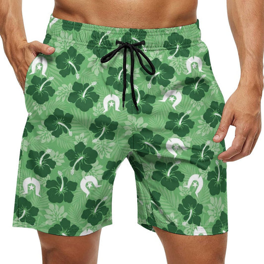 Hibiscus flowers with Dhari (Sea Grass Green) on Men's Board Shorts