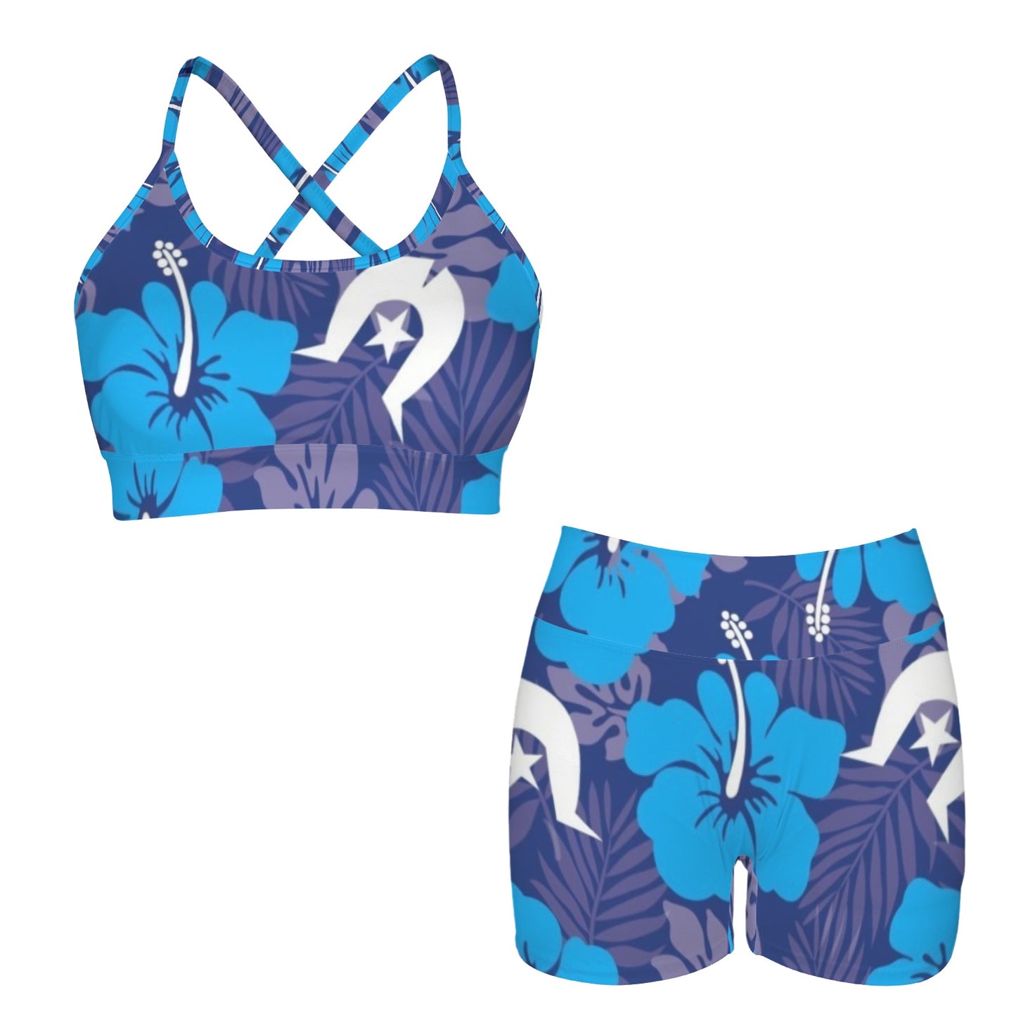 Hibiscus flowers with Dhari (Royal blue) on Cross Back String Sports Bra & High Waist Shorts Active Sets