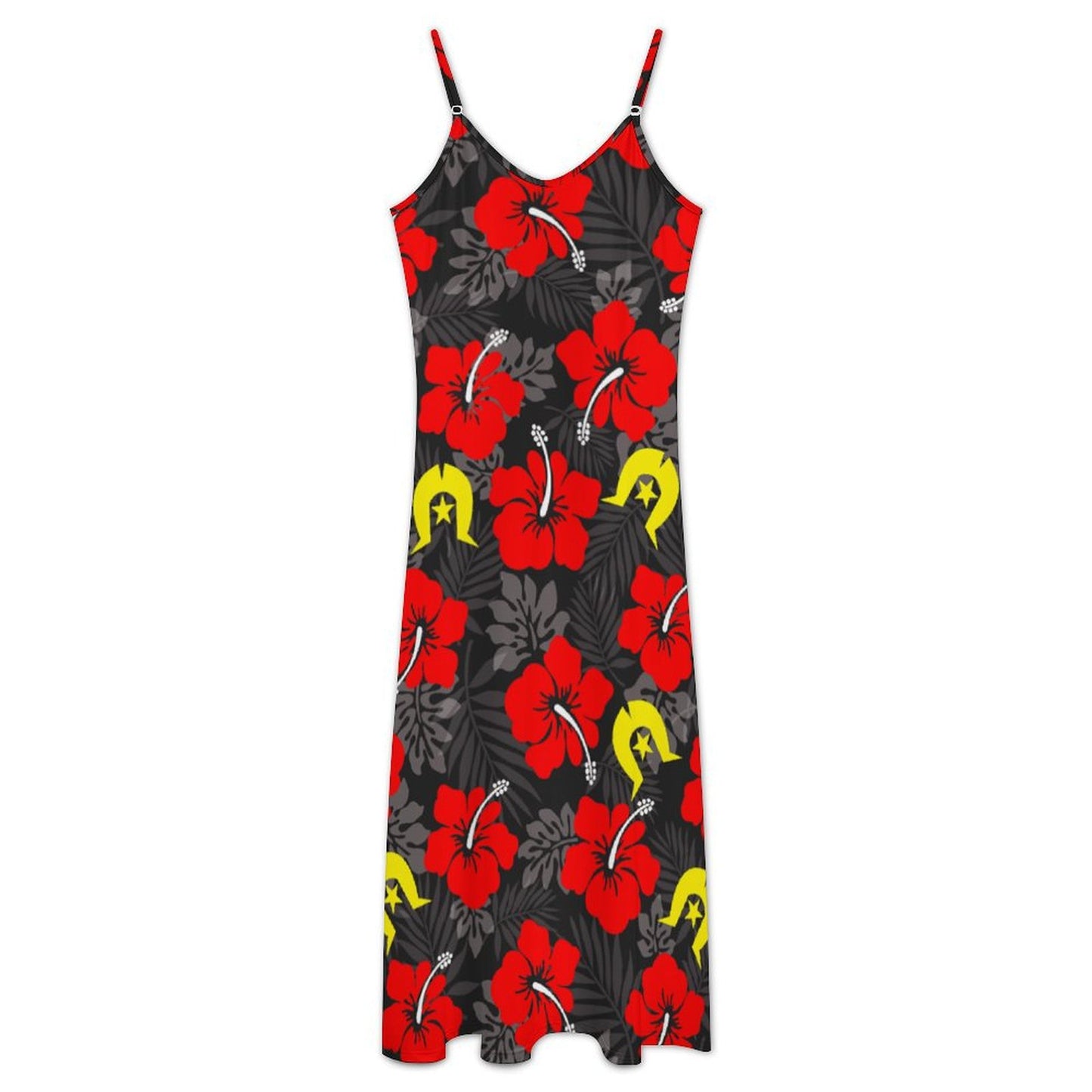 Royal Red Hibiscus with Yellow Dhari on Sleeveless Strappy Maxi Dress