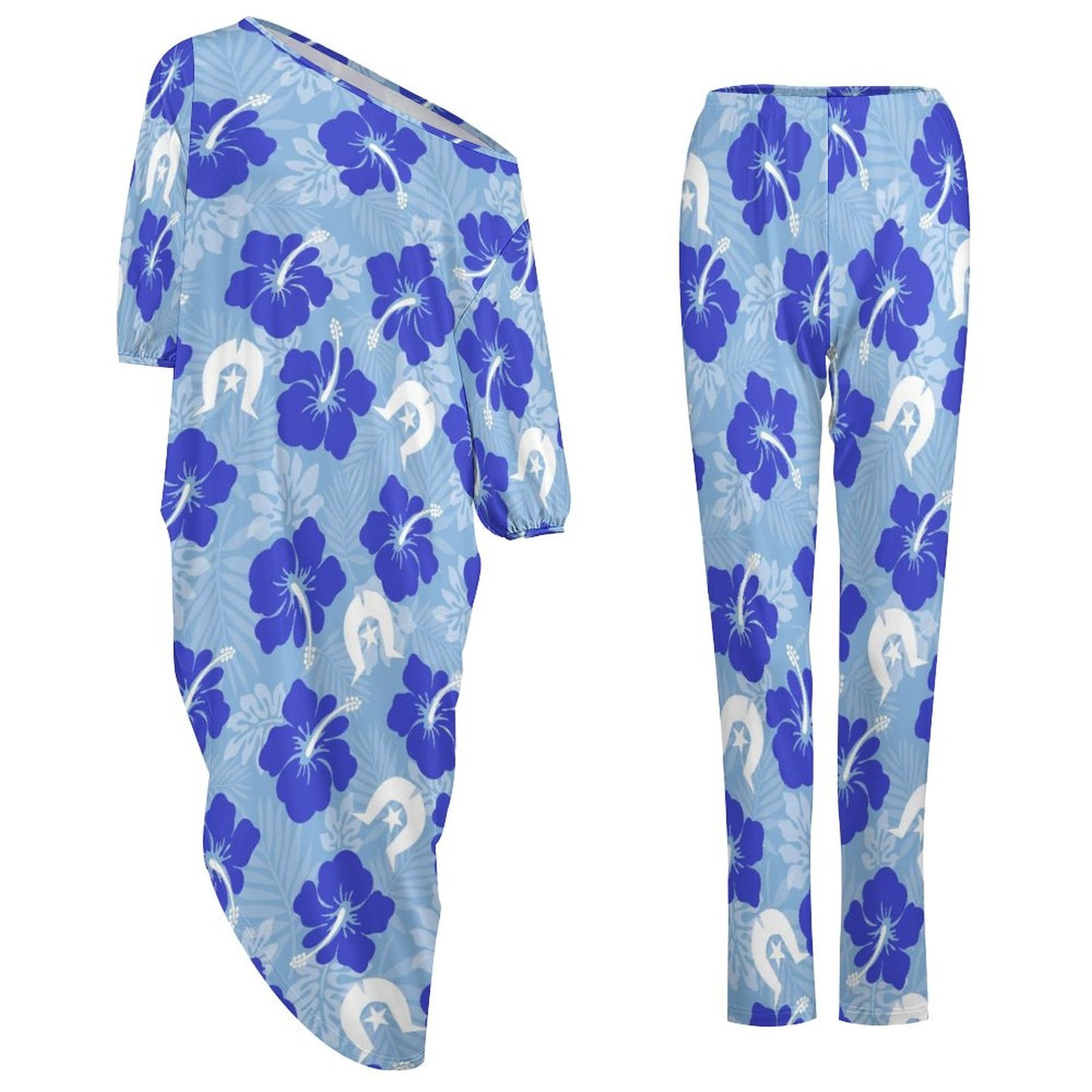 Hibiscus flowers with White Dhari (Sky blue) on Diagonal Shoulder Two Piece Set